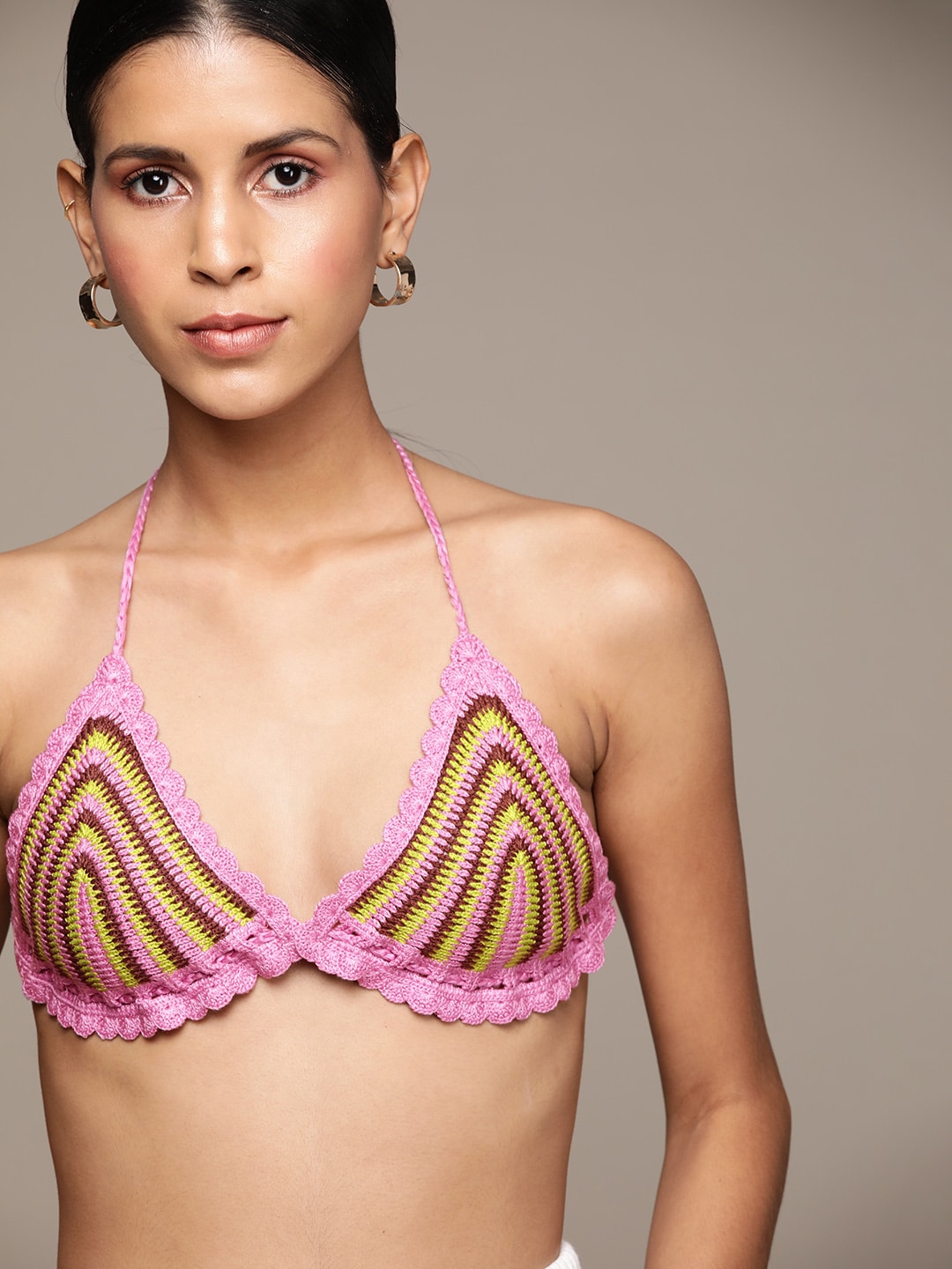 MANGO Women Pink & Green Crochet Swim Bikini Top Price in India