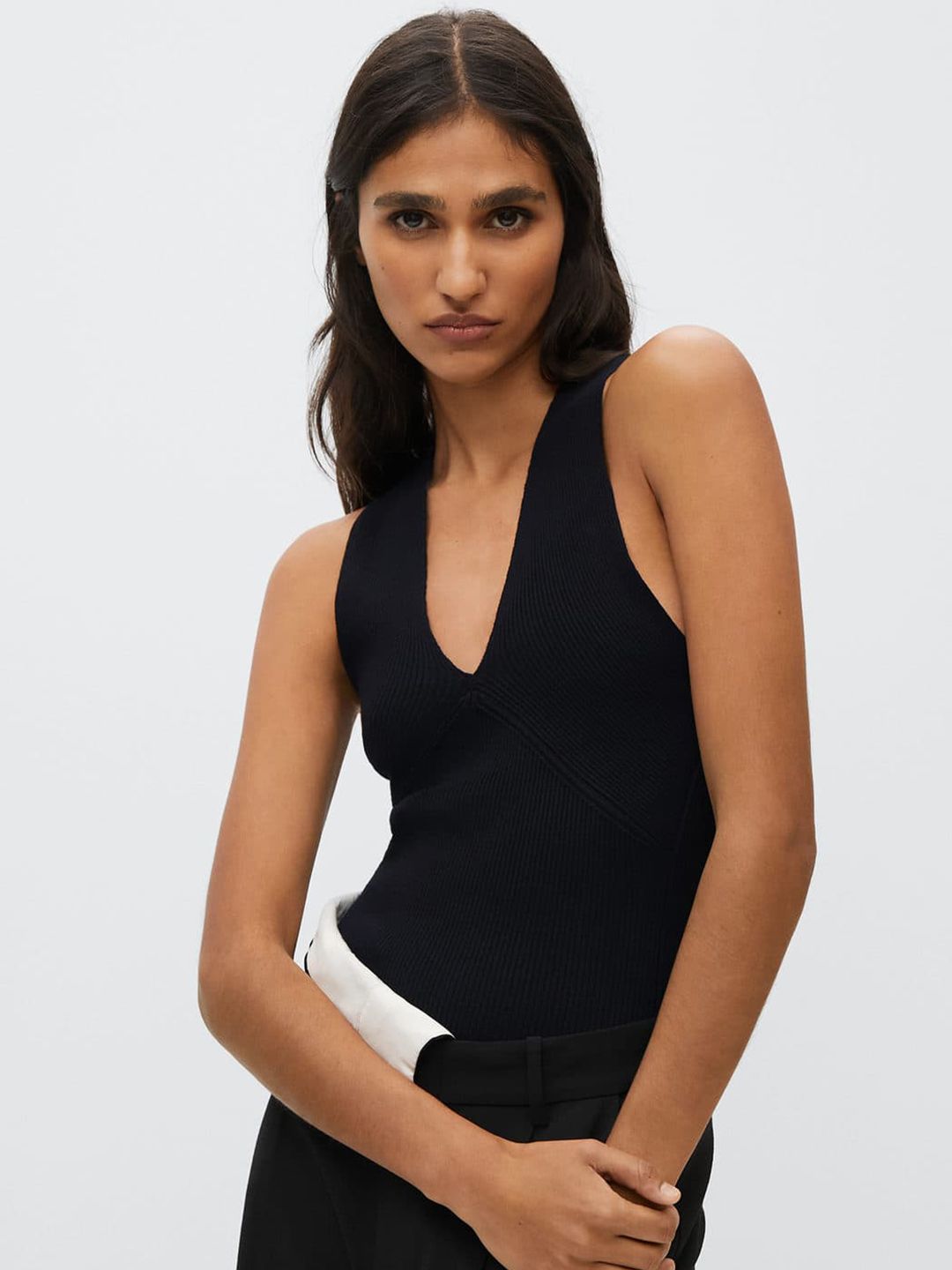 MANGO Women Black Ribbed Top