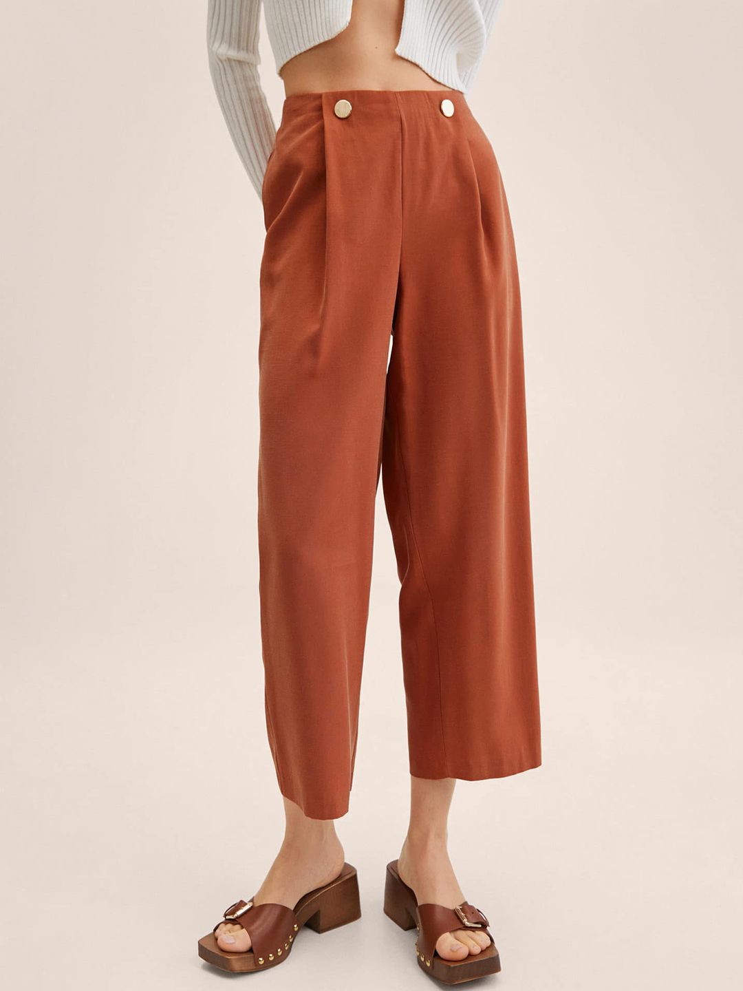MANGO Women Rust Brown Pleated Cropped Trousers Price in India