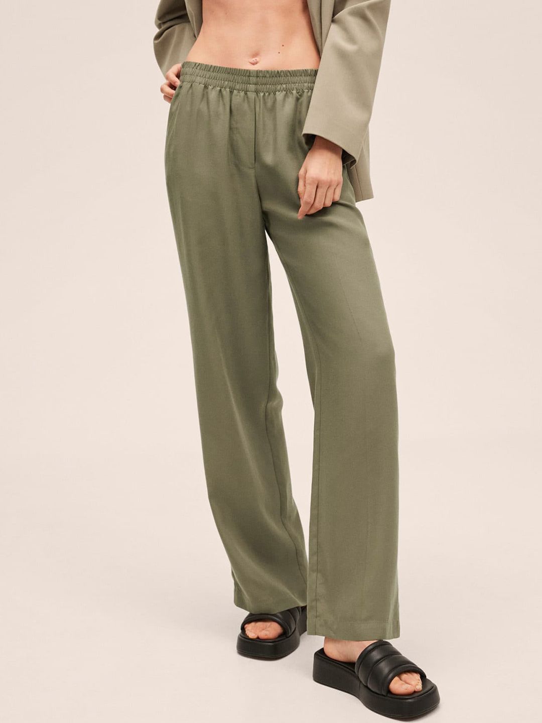 MANGO Women Olive Green Regular Trousers Price in India