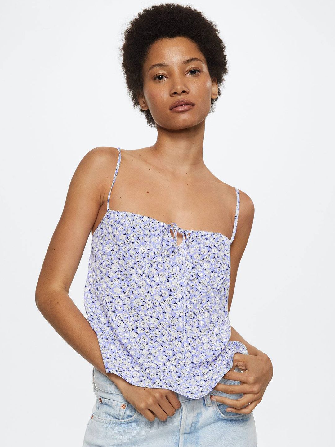 MANGO Blue & White Floral Print Top
