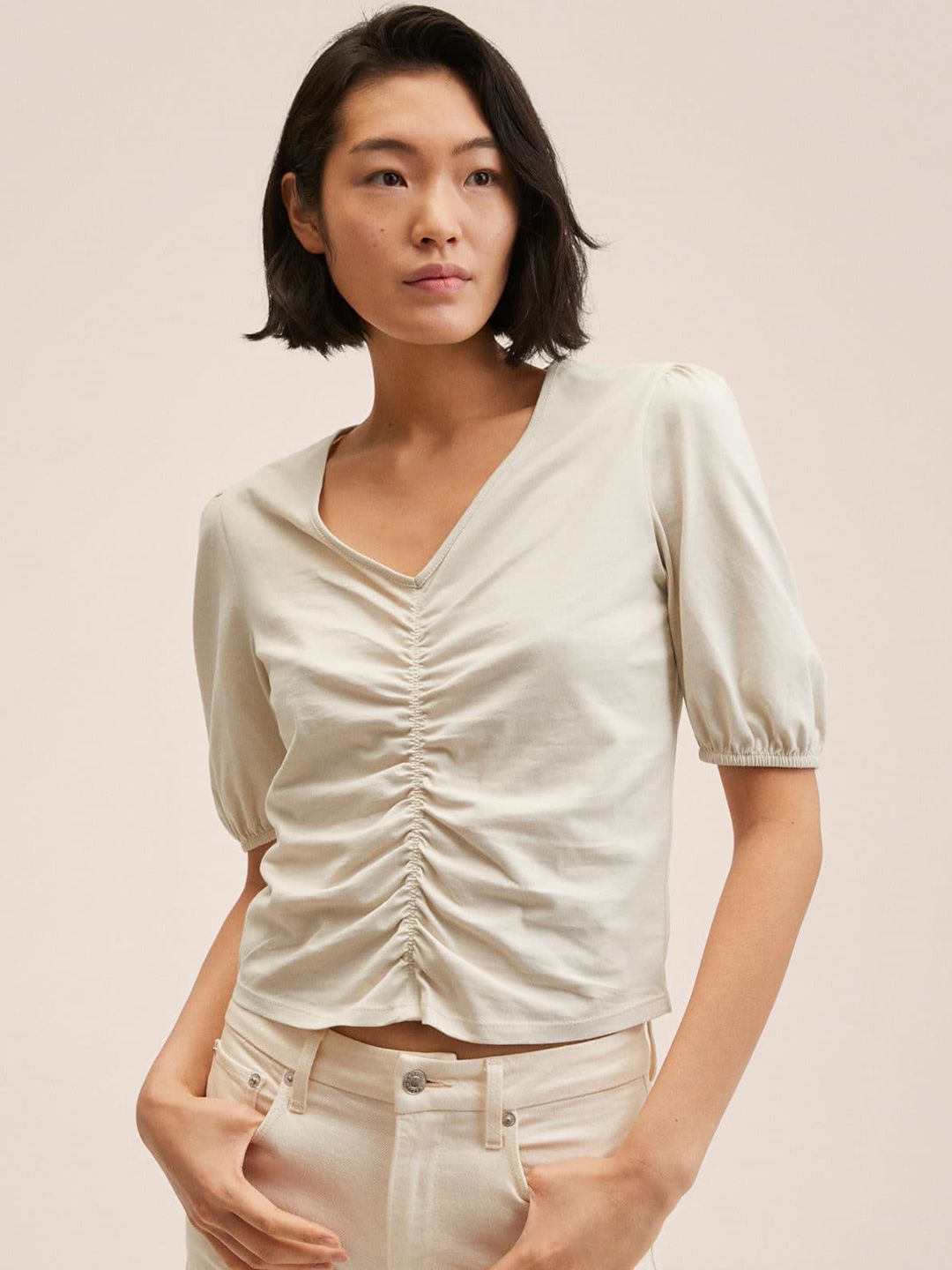 MANGO Off White Pure Cotton Solid Ruched Top