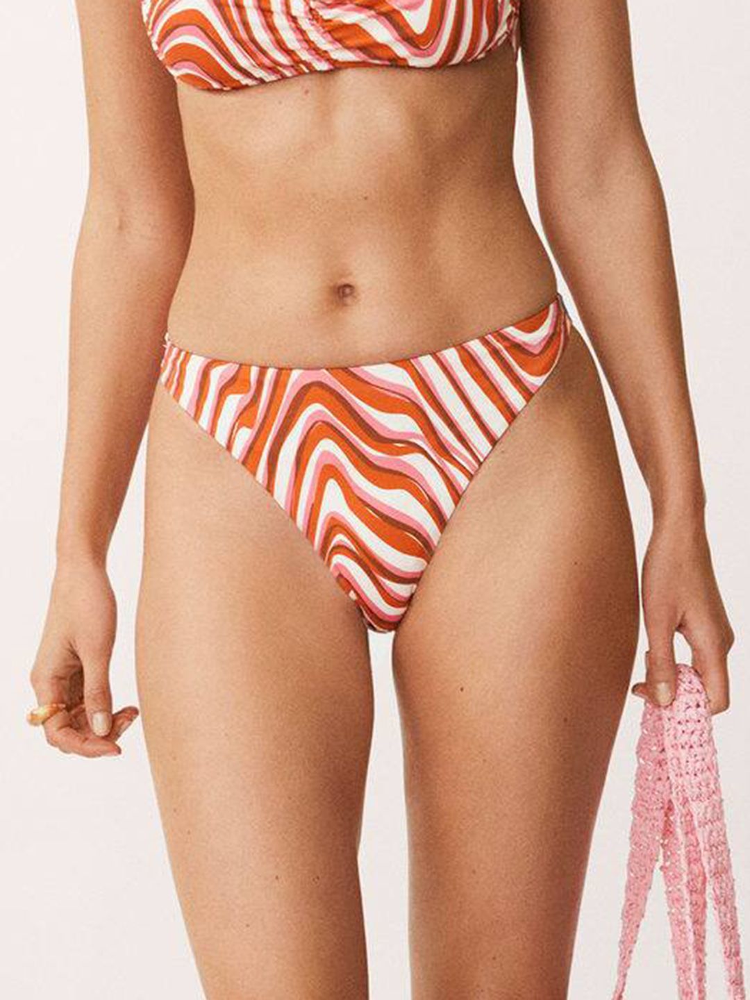 MANGO Women Brown & White Abstract Print Swim Bikini Breifs Price in India