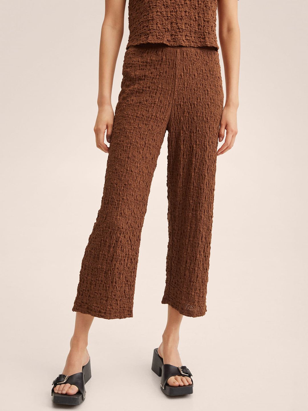 MANGO Women Brown Textured Trousers Price in India