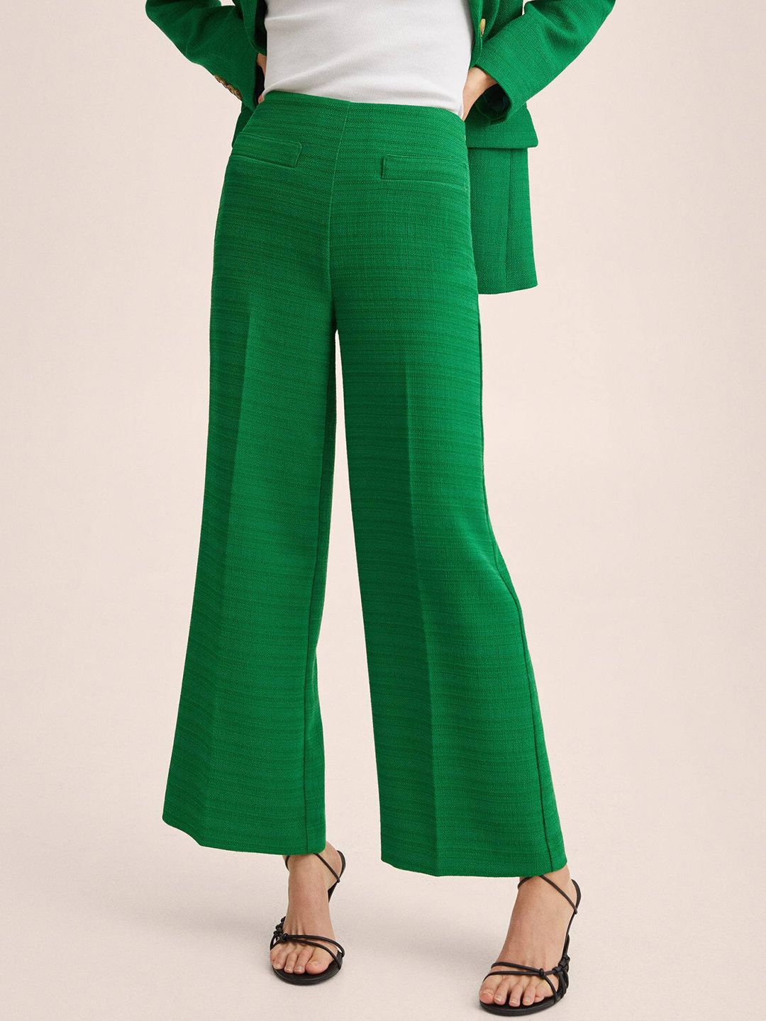 MANGO Women Green Tweed Straight Fit High-Rise Trousers Price in India