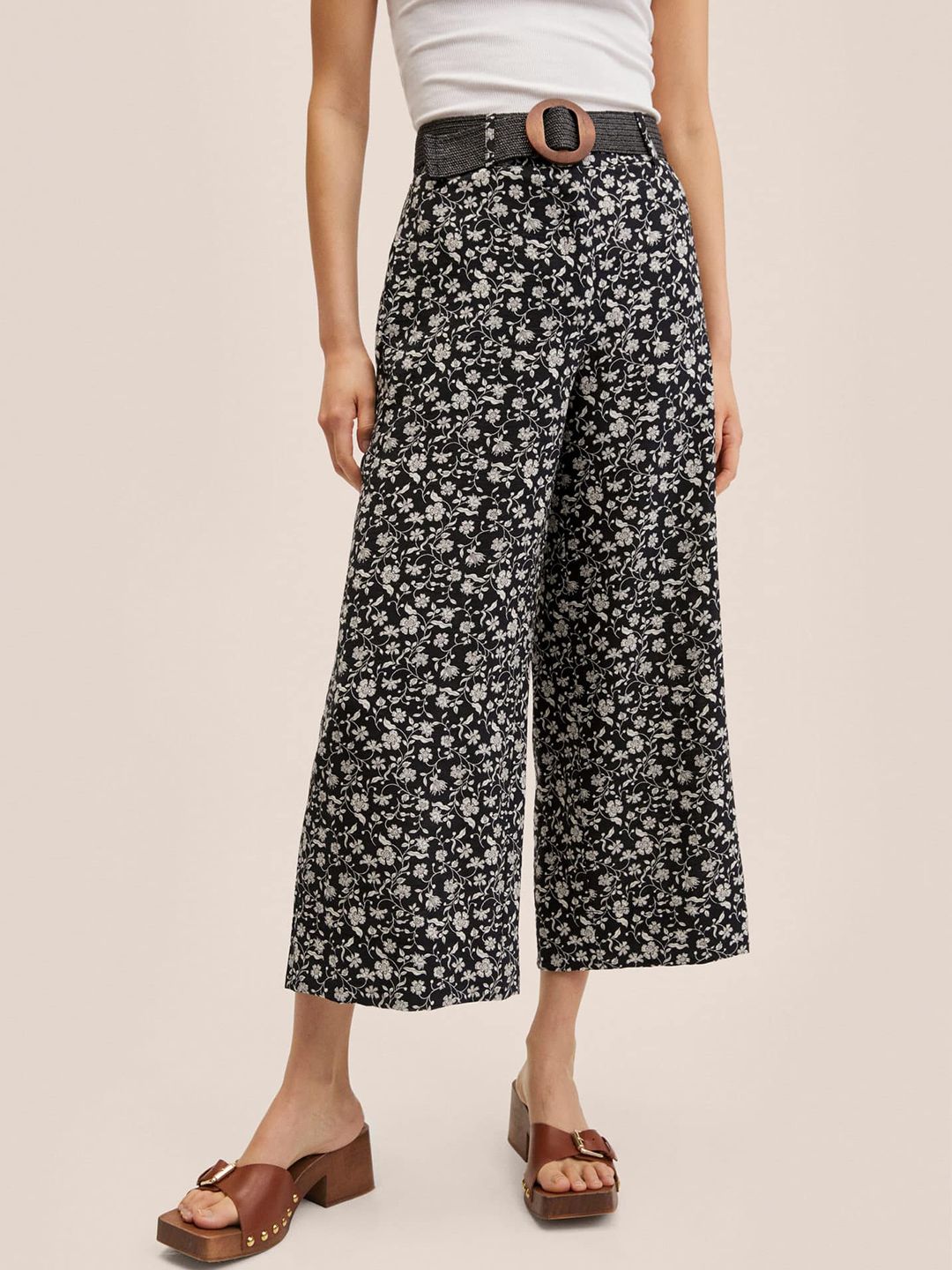 MANGO Women Black Floral Printed Trousers Price in India