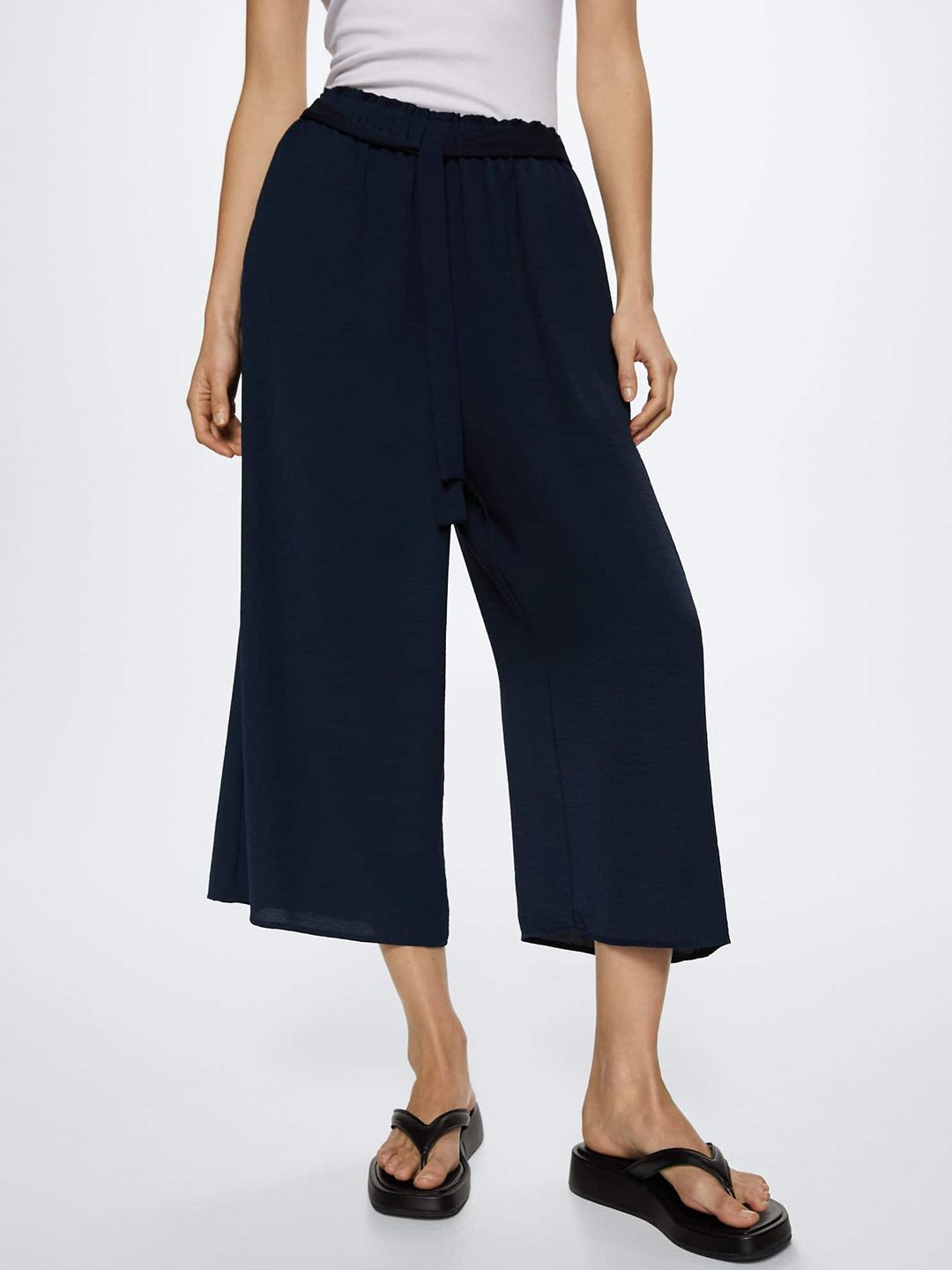 MANGO Women Navy Blue Pleated Culottes Trousers Price in India