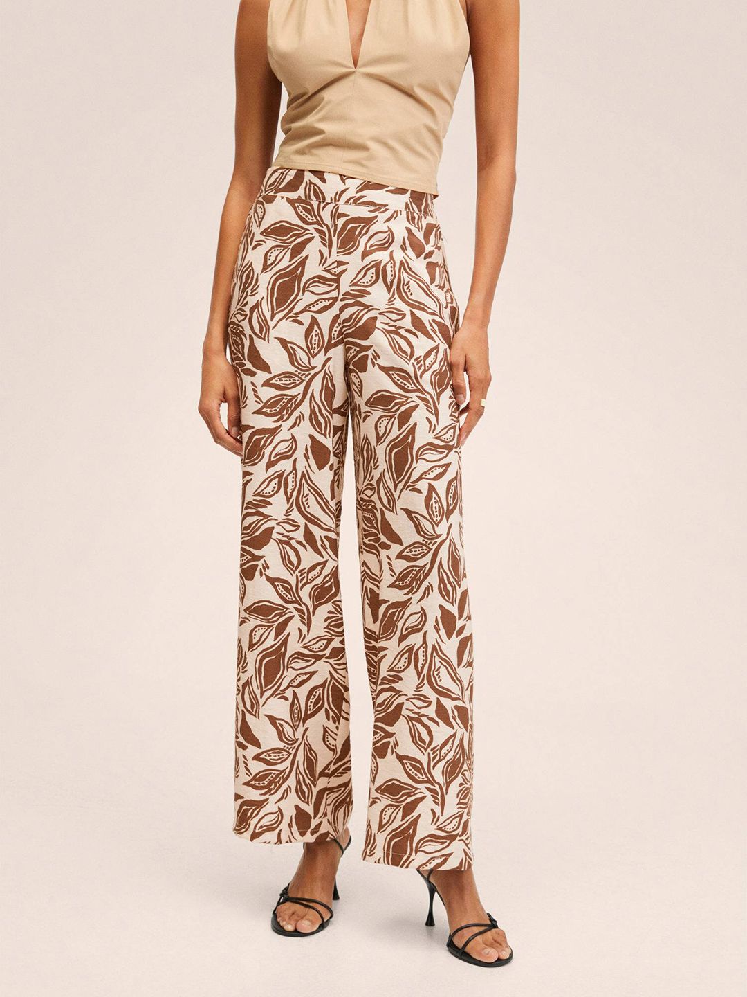 MANGO Women Brown & Cream-Coloured Conversational Printed Trousers Price in India