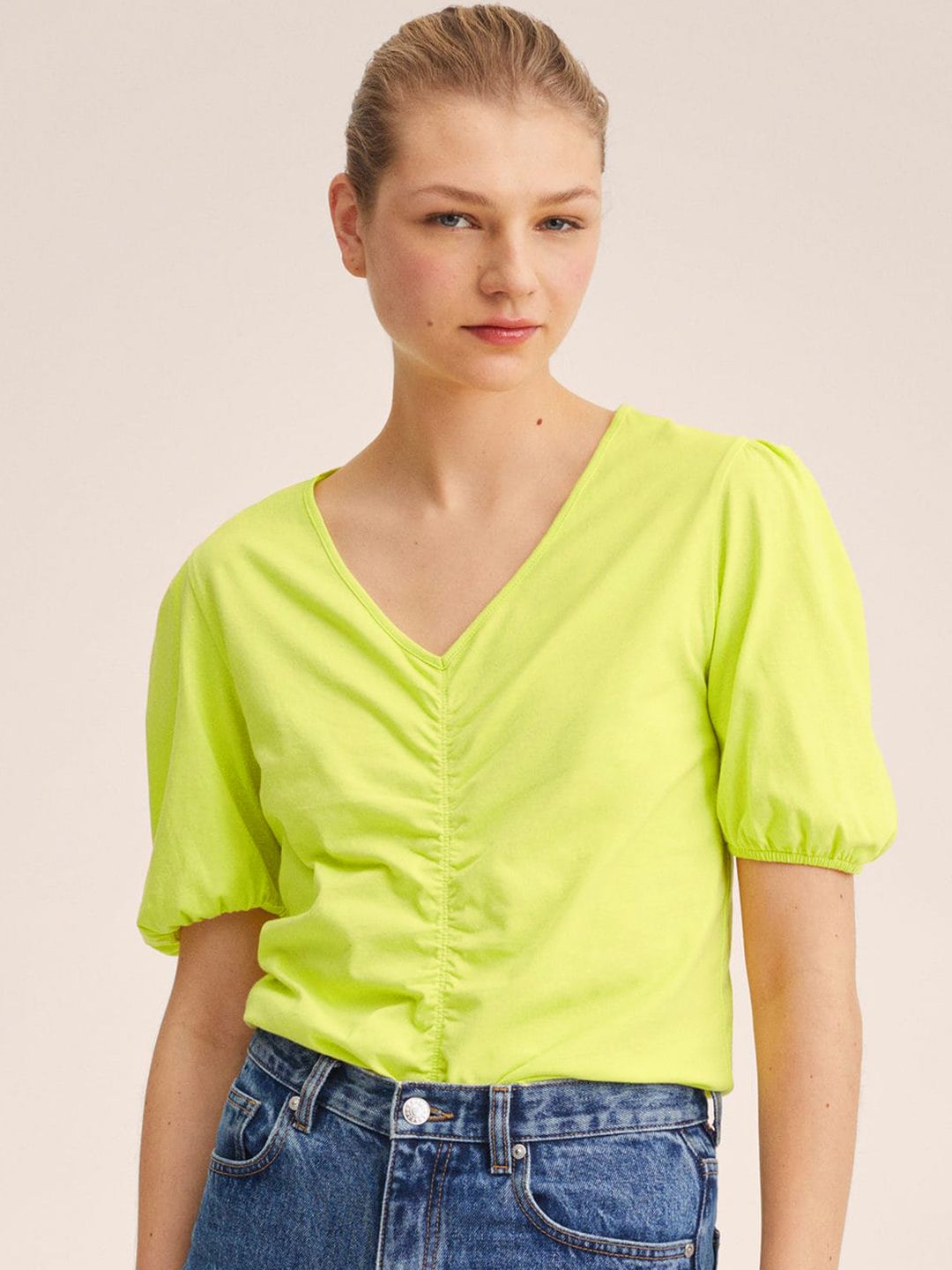 MANGO Lime Green Pure Cotton Solid Ruched Top