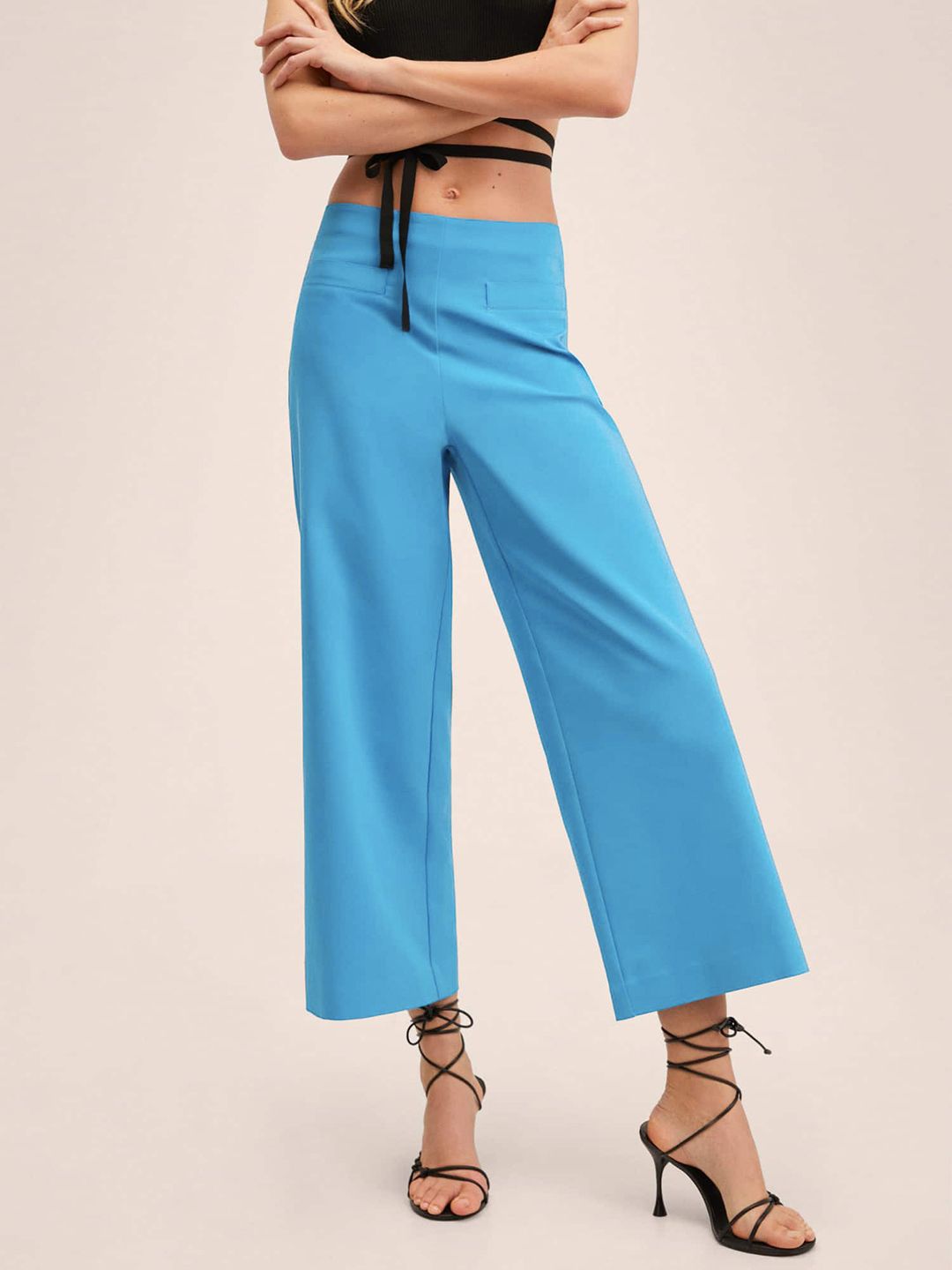 MANGO Women Blue Solid Pocket Detail Culottes Trousers Price in India