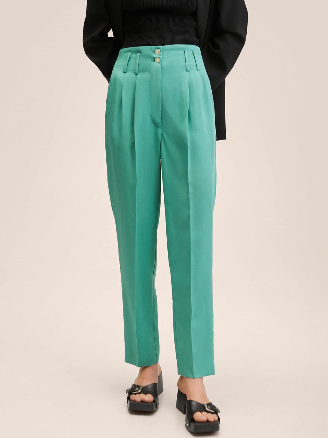 MANGO Women Green Solid Pleated Trousers Price in India