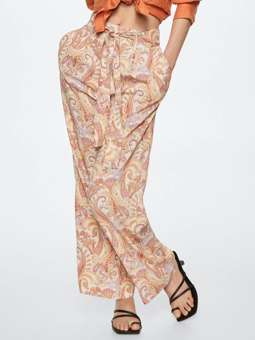 MANGO Women Cream-Coloured Ethnic Motifs Printed Trousers Price in India