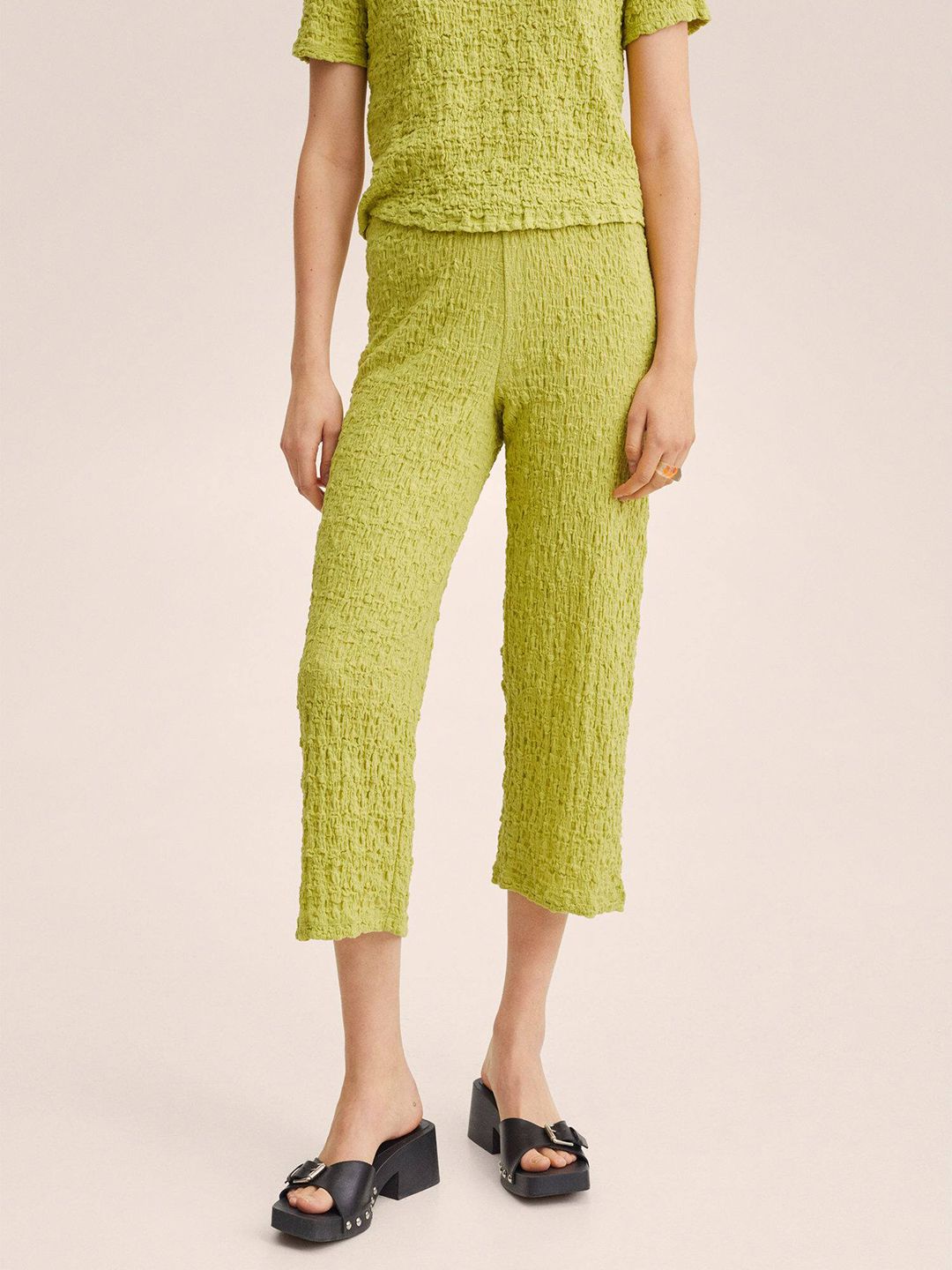 MANGO Women Green Textured Cropped Trousers Price in India