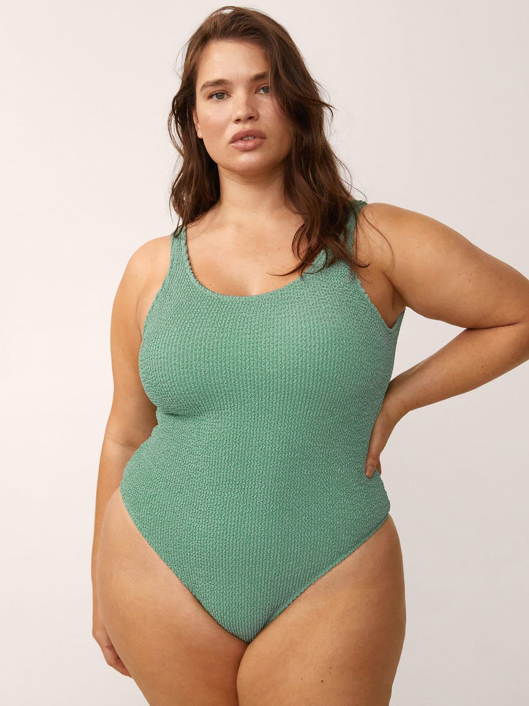 MANGO Women Sage Green Self-Design Swim Bodysuit Price in India