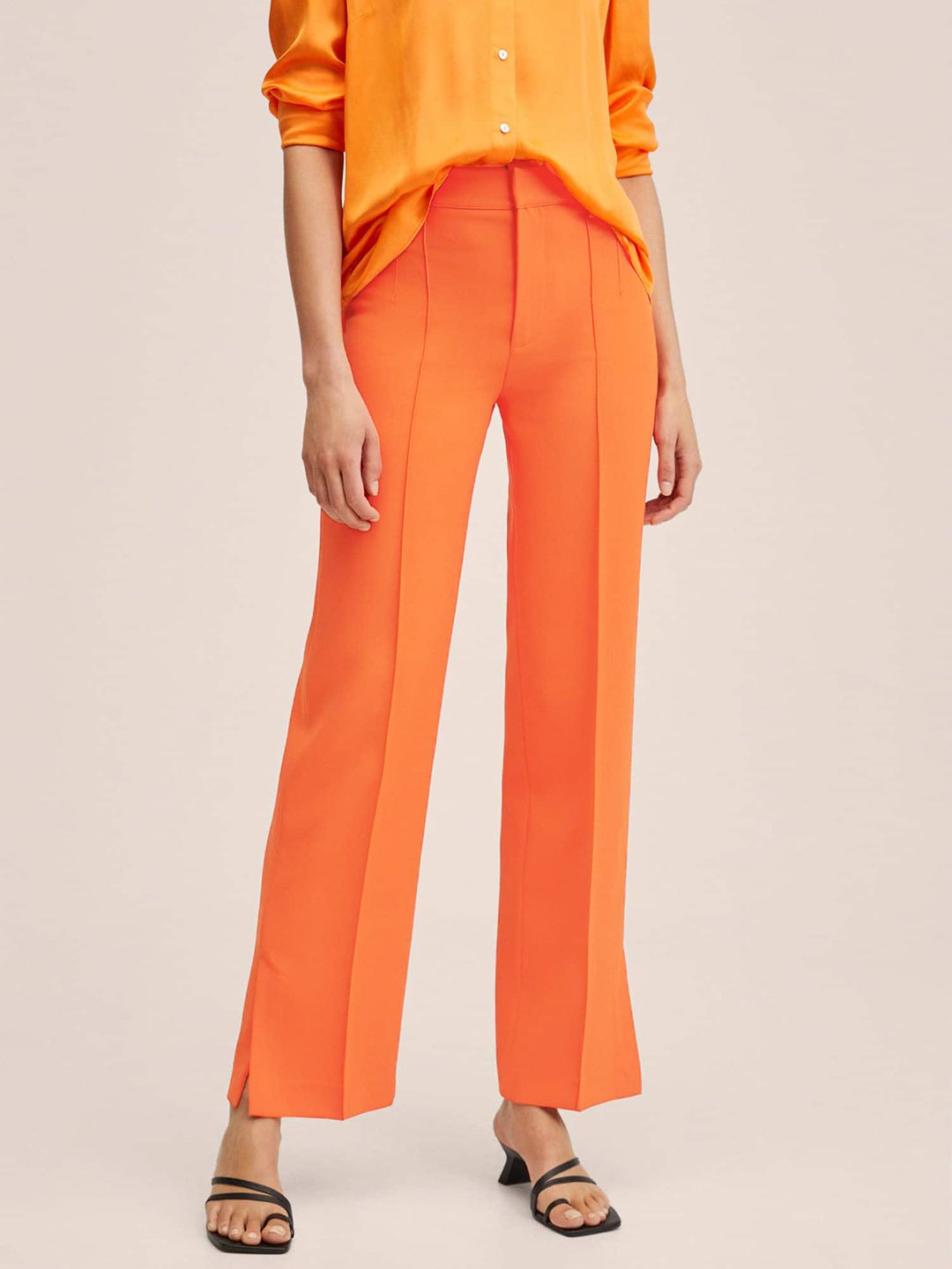 MANGO Women Orange Solid Straight Fit Pleated Trousers Price in India