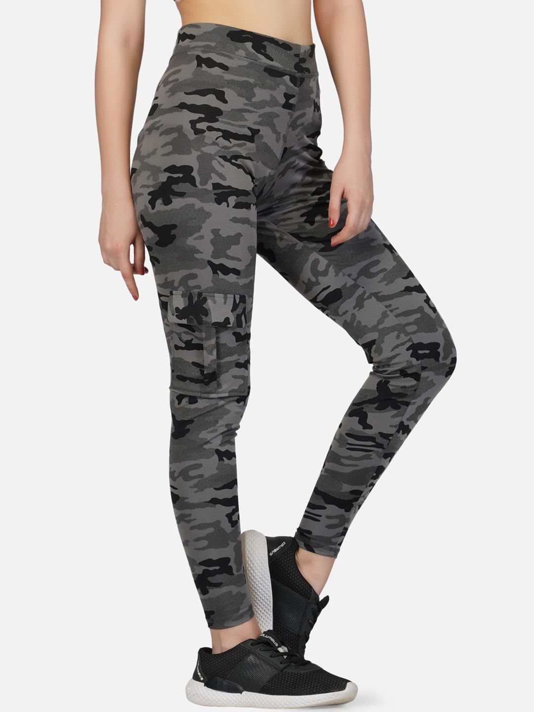 IMPERATIVE Women Grey & Black Camouflage Printed Slim-Fit Ankle-Length Tights Price in India