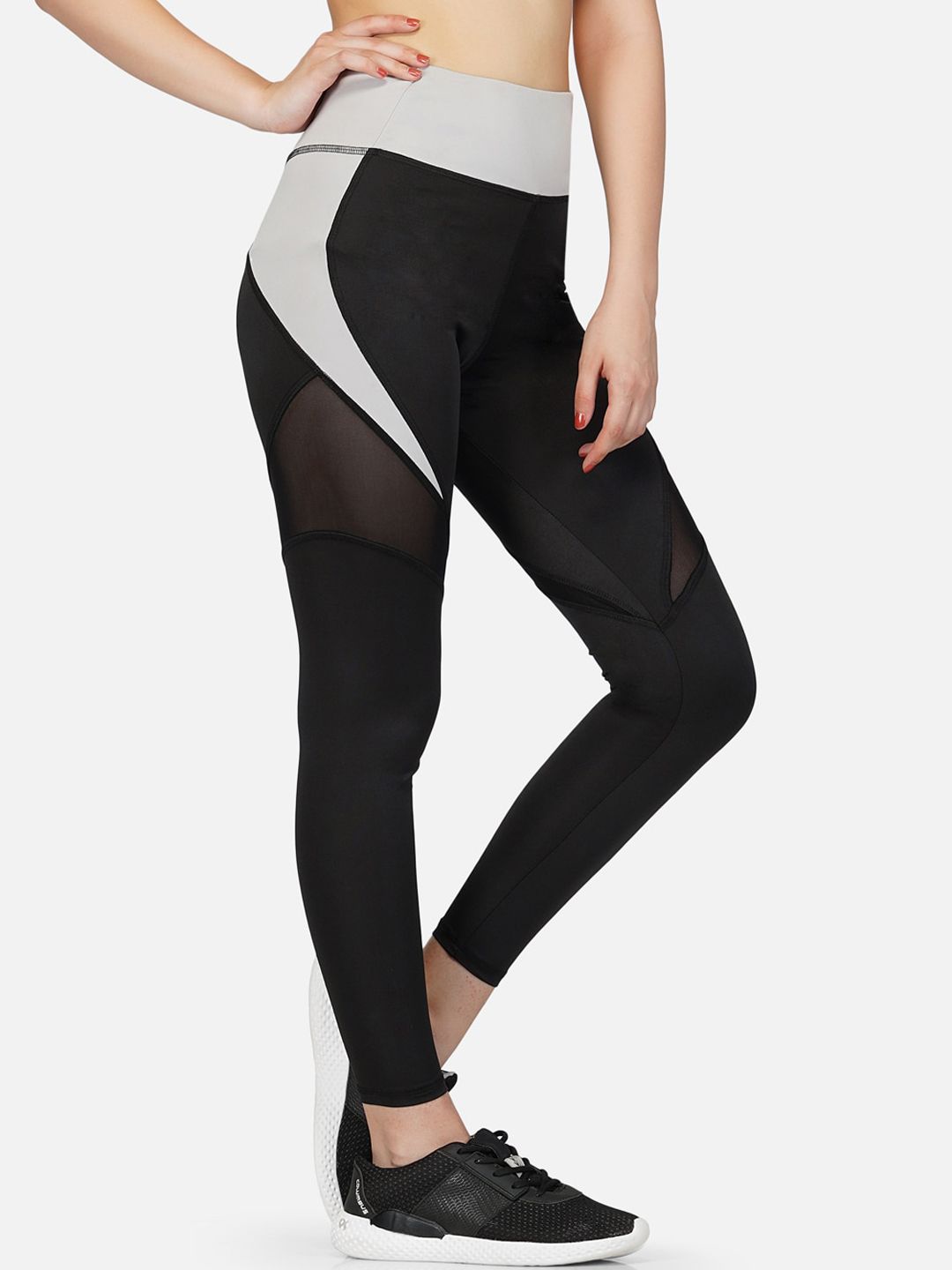 IMPERATIVE Women Black & Grey Colourblocked Strechable Yoga Pants With Mesh Inserts Price in India