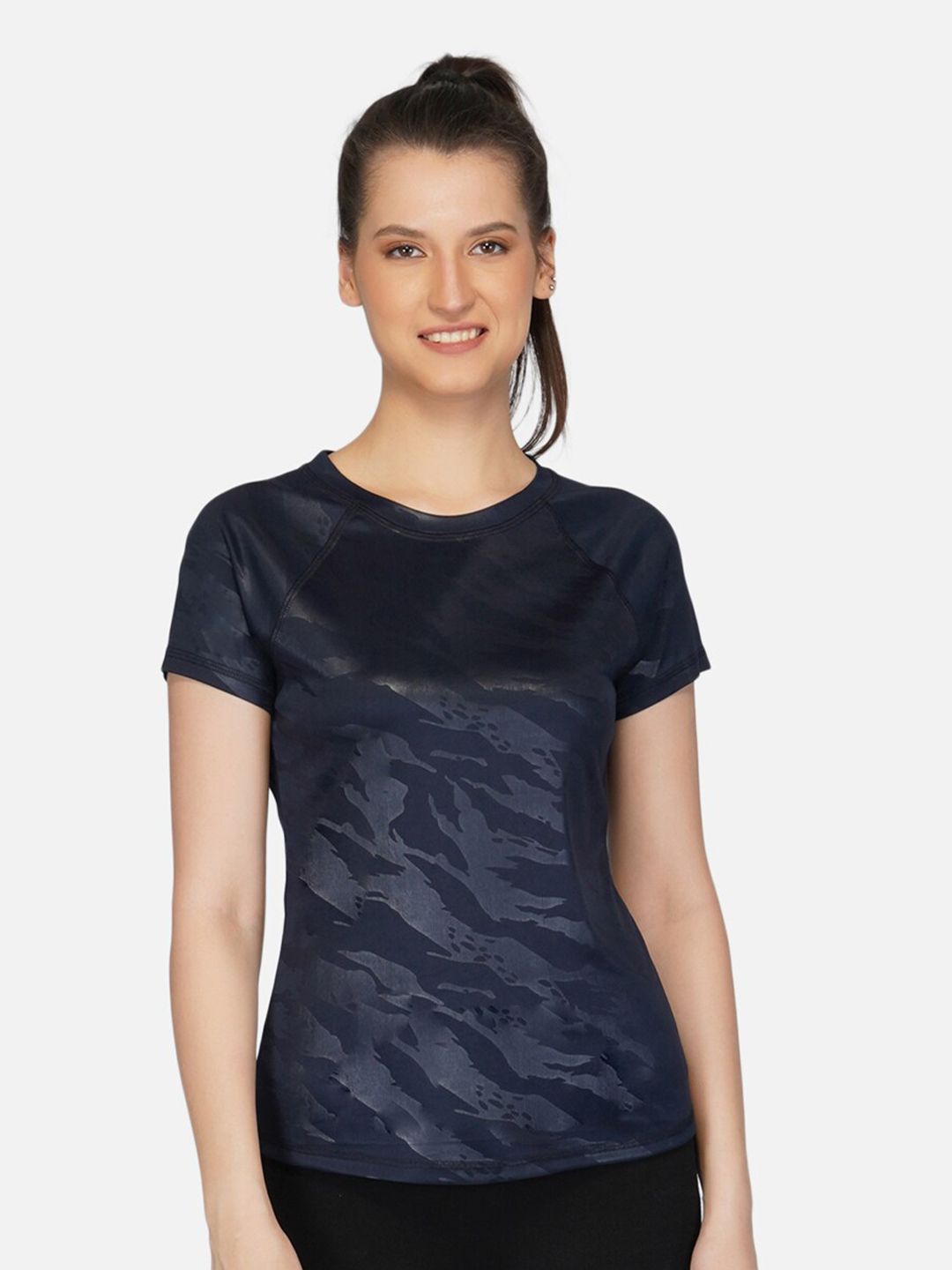 IMPERATIVE Women Navy Blue Camouflage Printed T-shirt Price in India