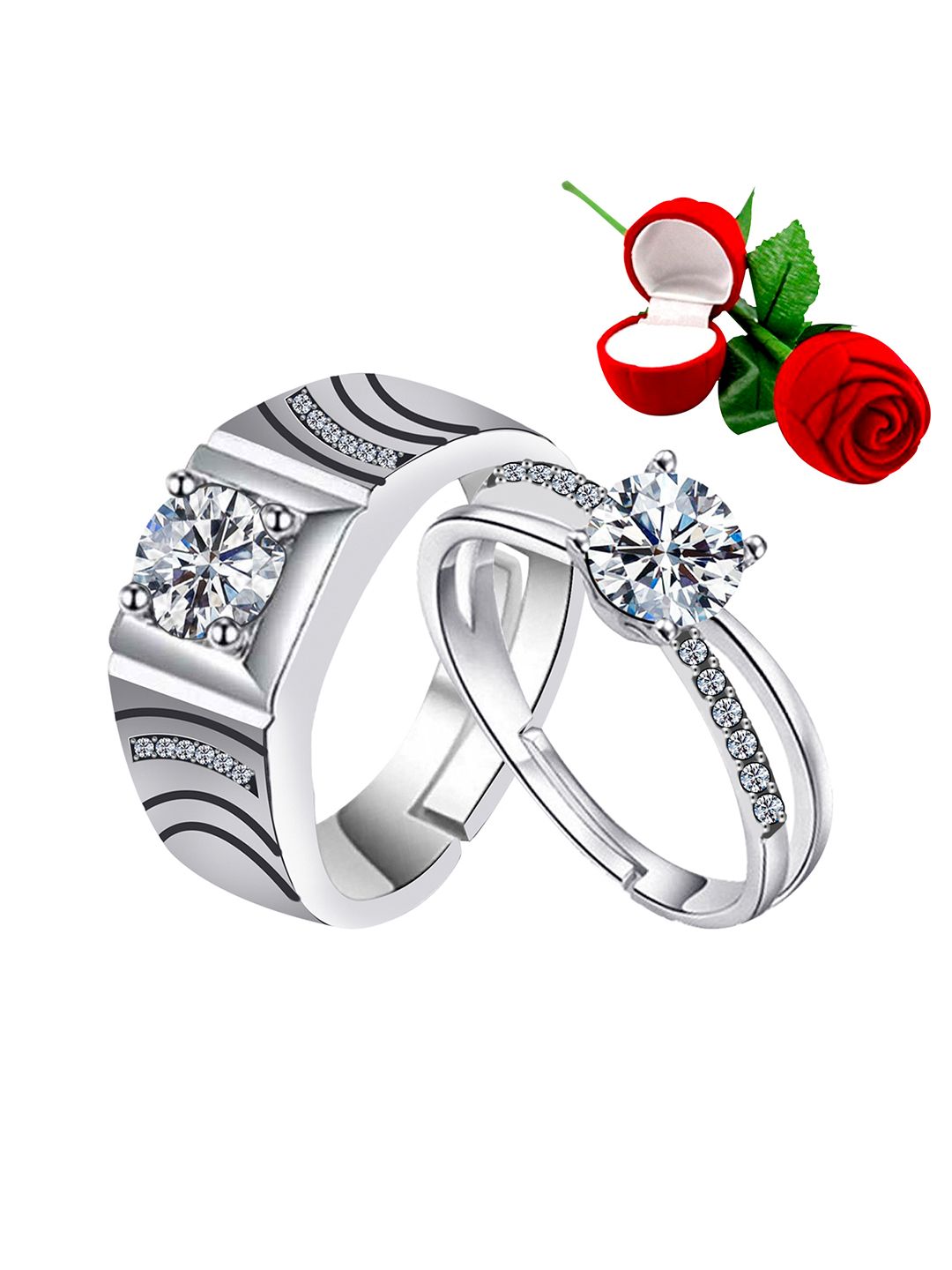 Silver Shine Set Of 2 Silver-Plated White Stone-Studded Adjustable Finger Ring Price in India