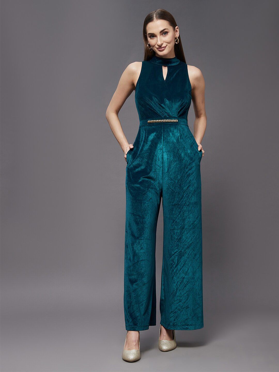 Miss Chase Teal Halter Neck Basic Jumpsuit Price in India