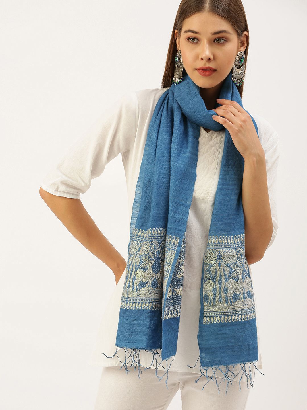 ArtEastri Women Blue Pure Silk Handloom Self-Striped Stole Price in India