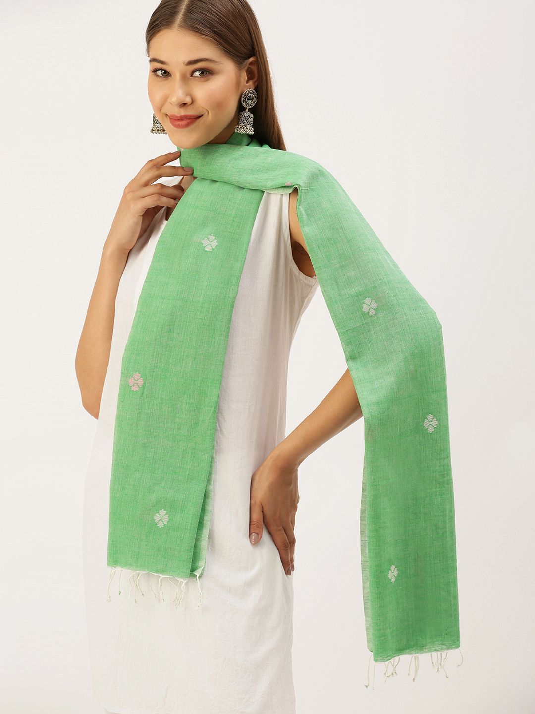 ArtEastri Women Green & White Woven Design Stole Price in India