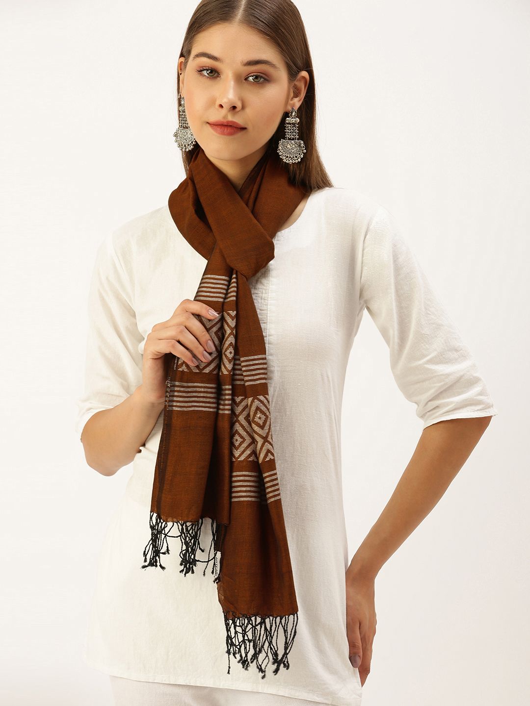 ArtEastri Women Coffee Brown & Beige Woven Design Stole Price in India