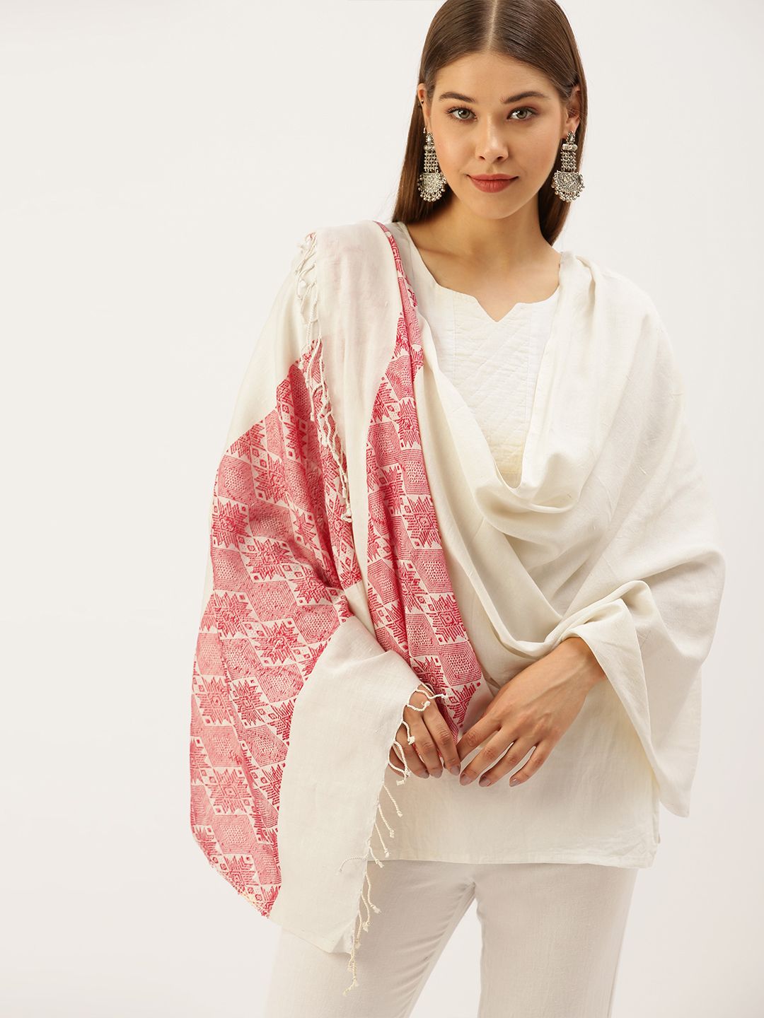 ArtEastri Women Off White & Red Cotton Silk Handloom Stole Price in India