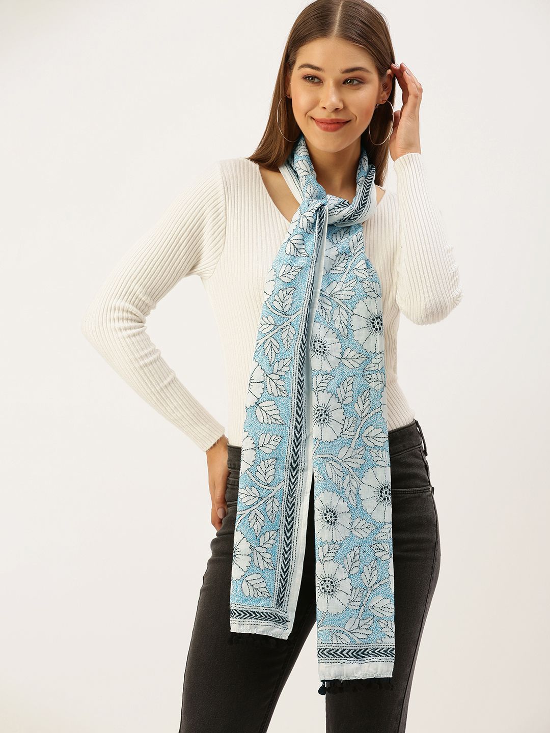 ArtEastri Women White & Blue Kantha Embroidered Stole Price in India