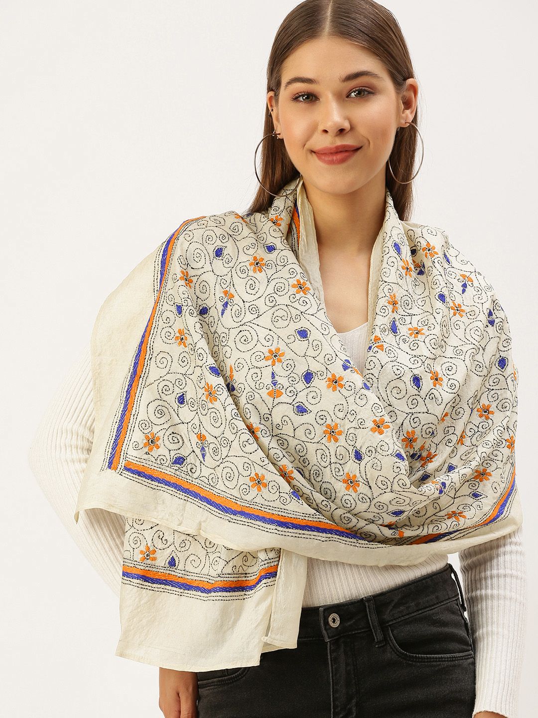 ArtEastri Women Cream-Coloured & Blue Kantha Embroidered Stole Price in India