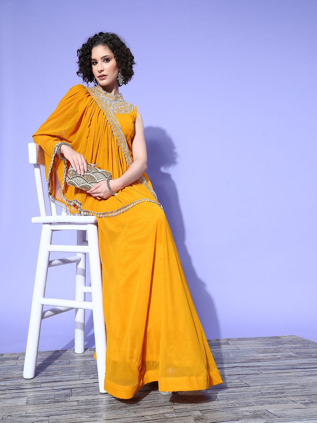 Chhabra 555 Women Mustard Embellished Top to Toe Fusion Dress Price in India