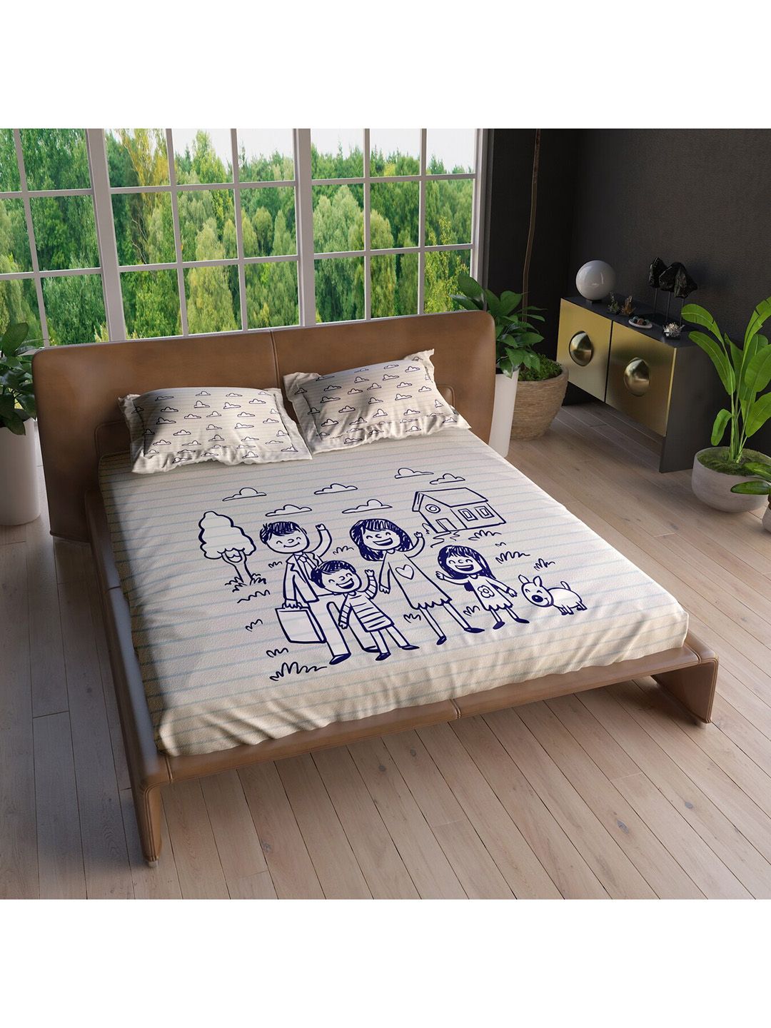 LABHAM Cream-Coloured Cartoon Characters 220 TC King Bedsheet with 2 Pillow Covers Price in India