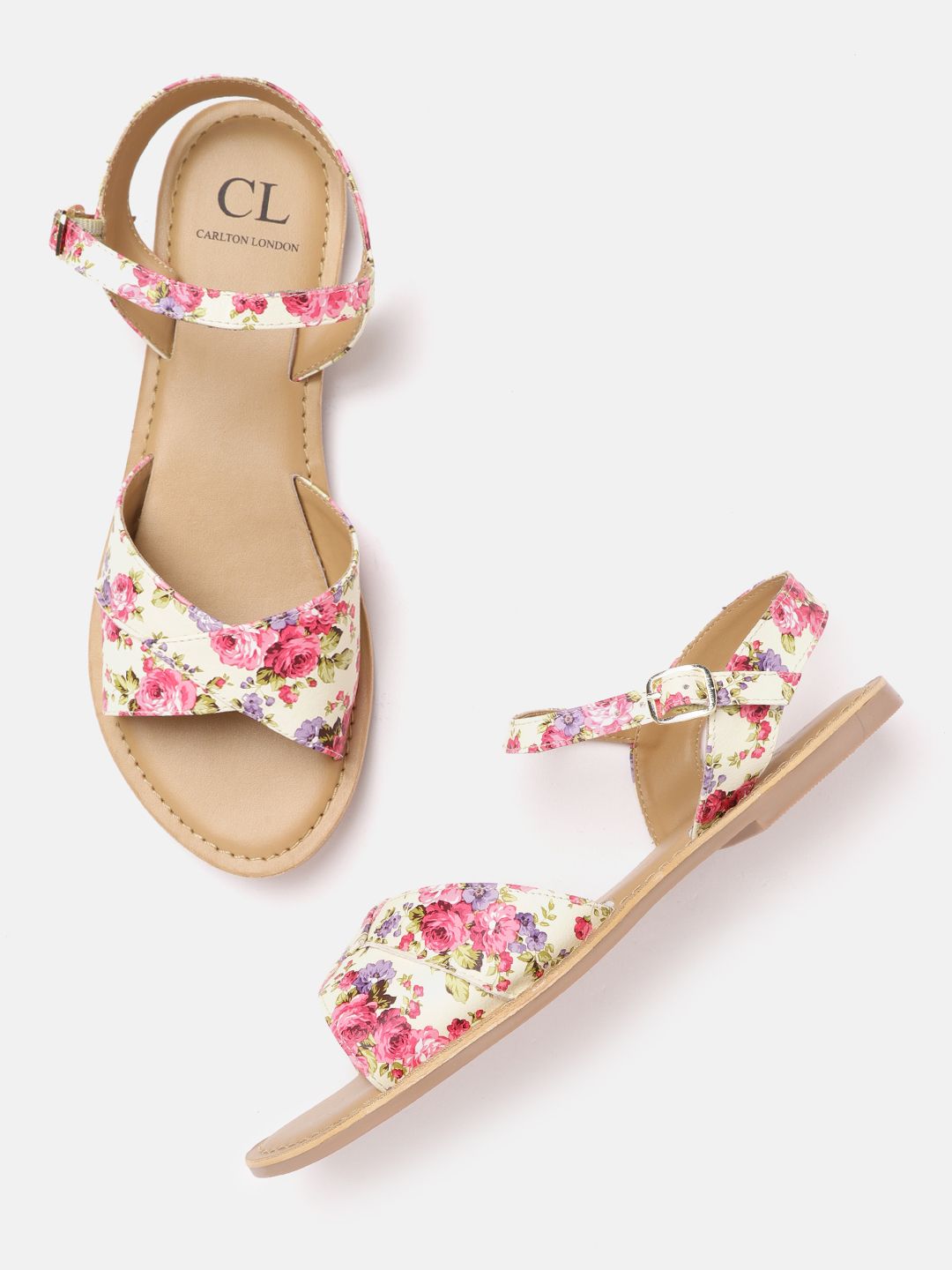 Carlton London Women Cream-Coloured & Pink Floral Print Open Toe Flats Price in India