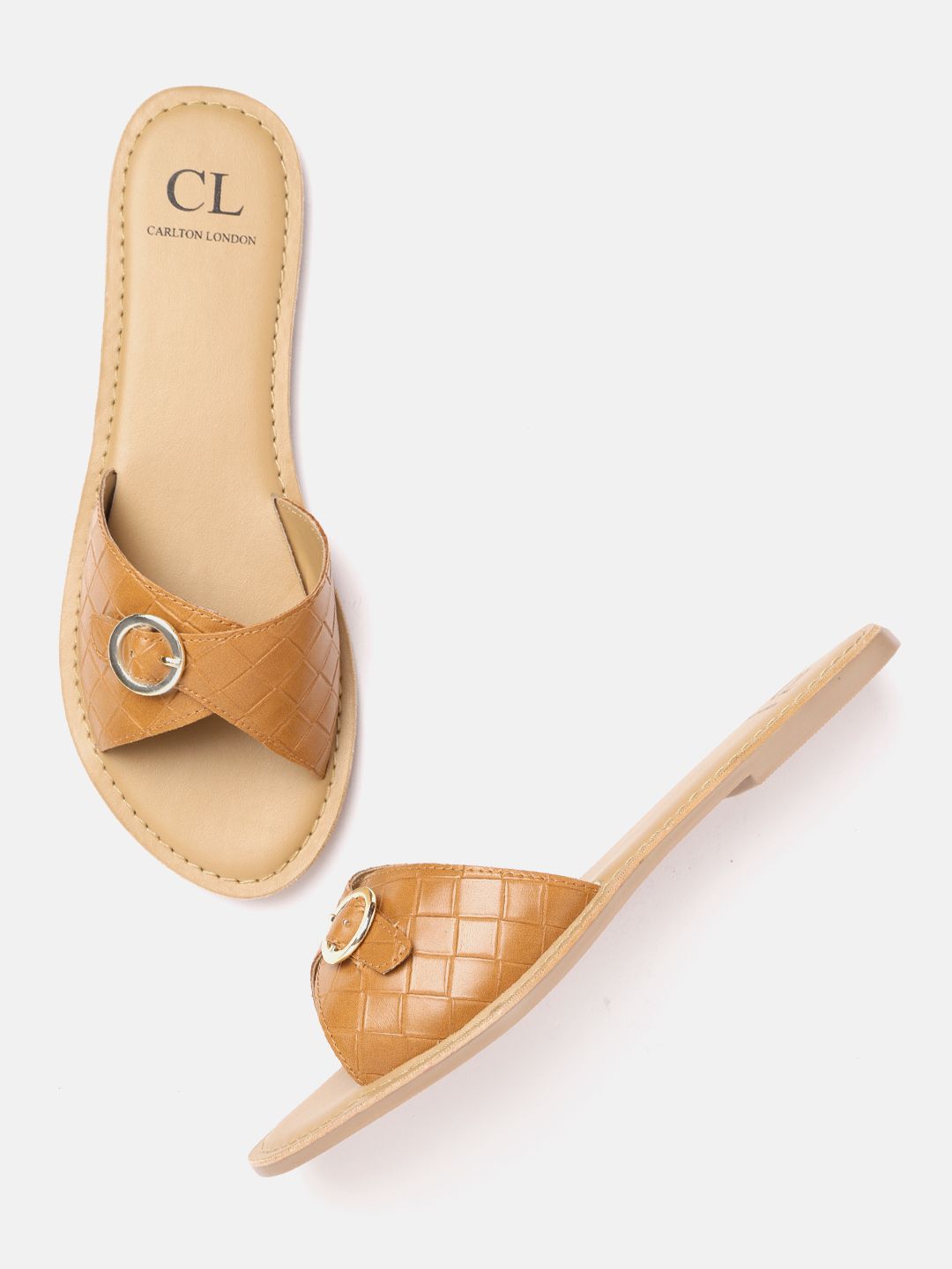Carlton London Women Tan Brown Basket Weave Textured Open Toe Flats with Buckles Price in India