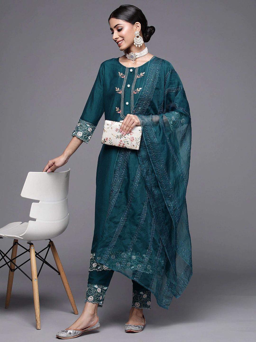 Varanga Women Teal Green Ethnic Motifs Yoke Design Kurta with Trousers & Dupatta Price in India