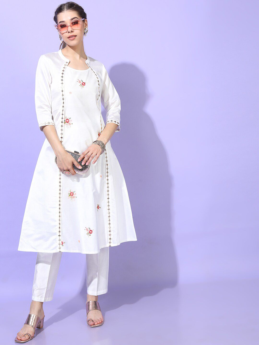 Vishudh Women White Ethnic Motifs Embroidered Panelled Mirror Work Kurta with Trousers Price in India