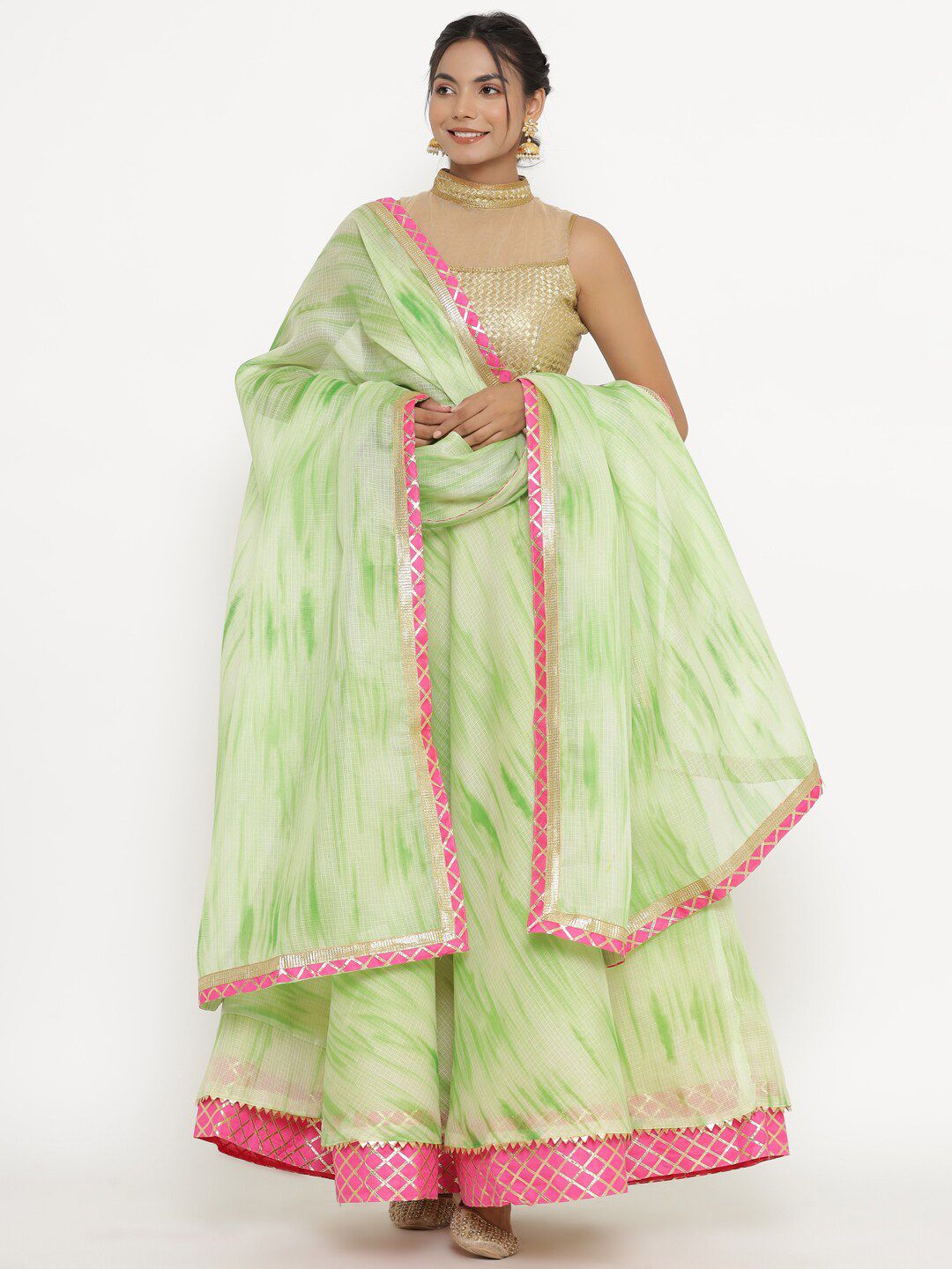 Kesarya Green & Pink Embellished Tie and Dye Ready to Wear Lehenga & Unstitched Blouse With Dupatta Price in India