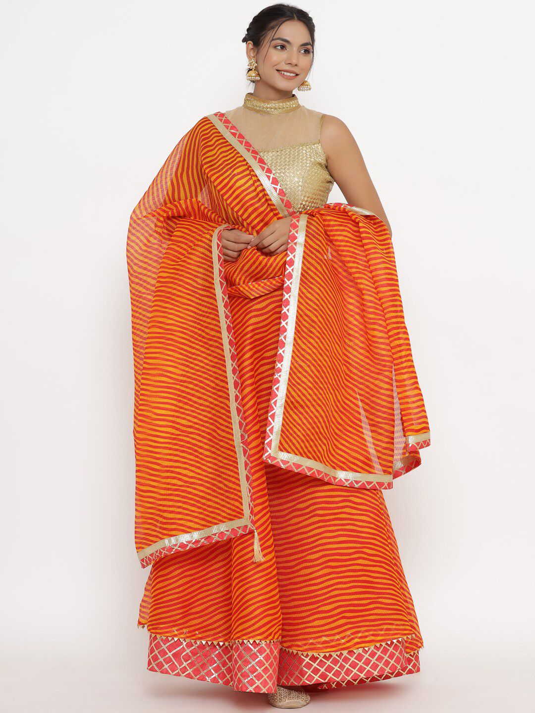 Kesarya Orange & Gold-Toned Embellished Ready to Wear Lehenga & Unstitched Blouse With Dupatta Price in India