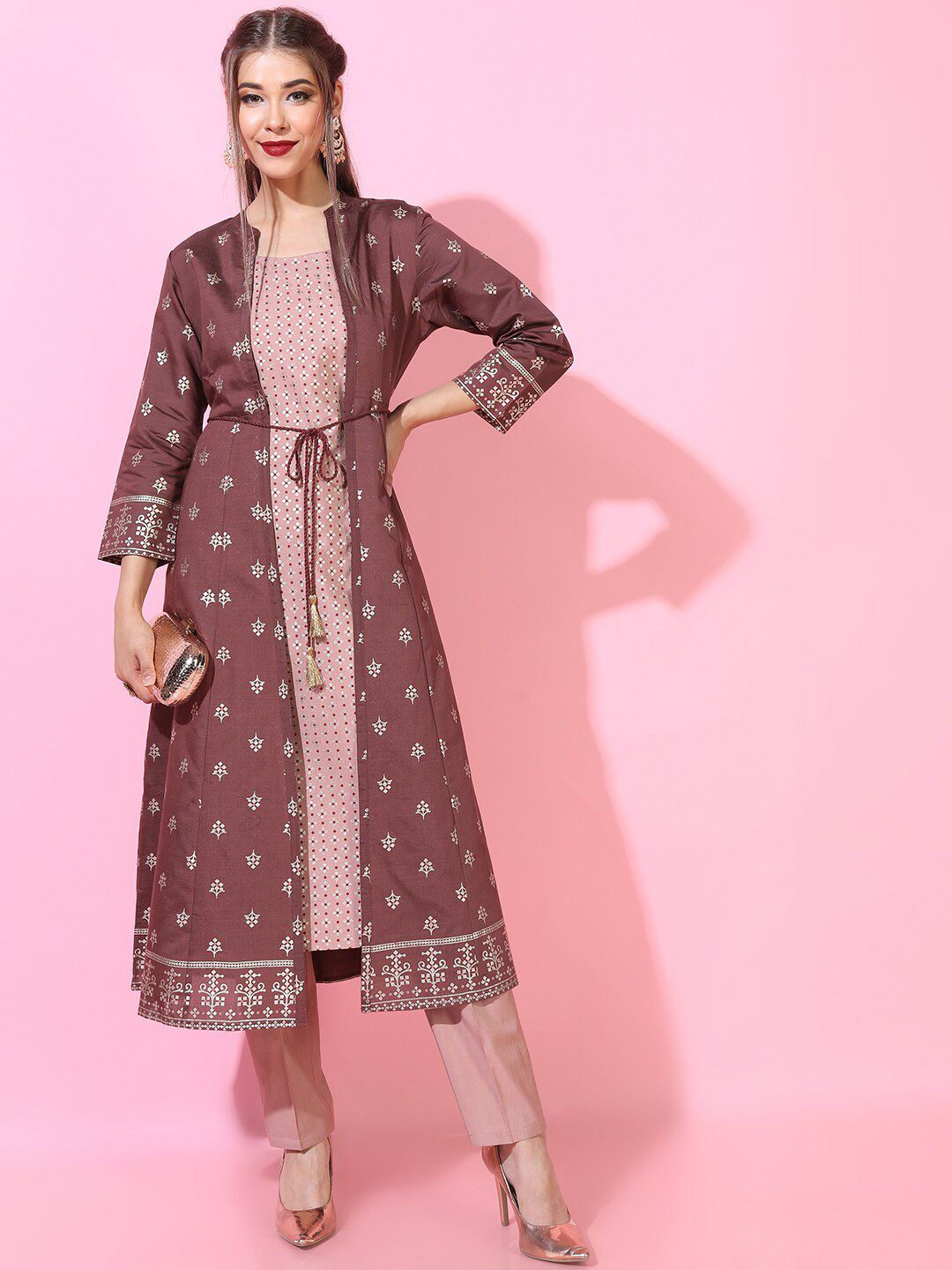 Vishudh Women Maroon & Peach Printed Viscose Rayon Kurta with Trouser and Jacket Price in India