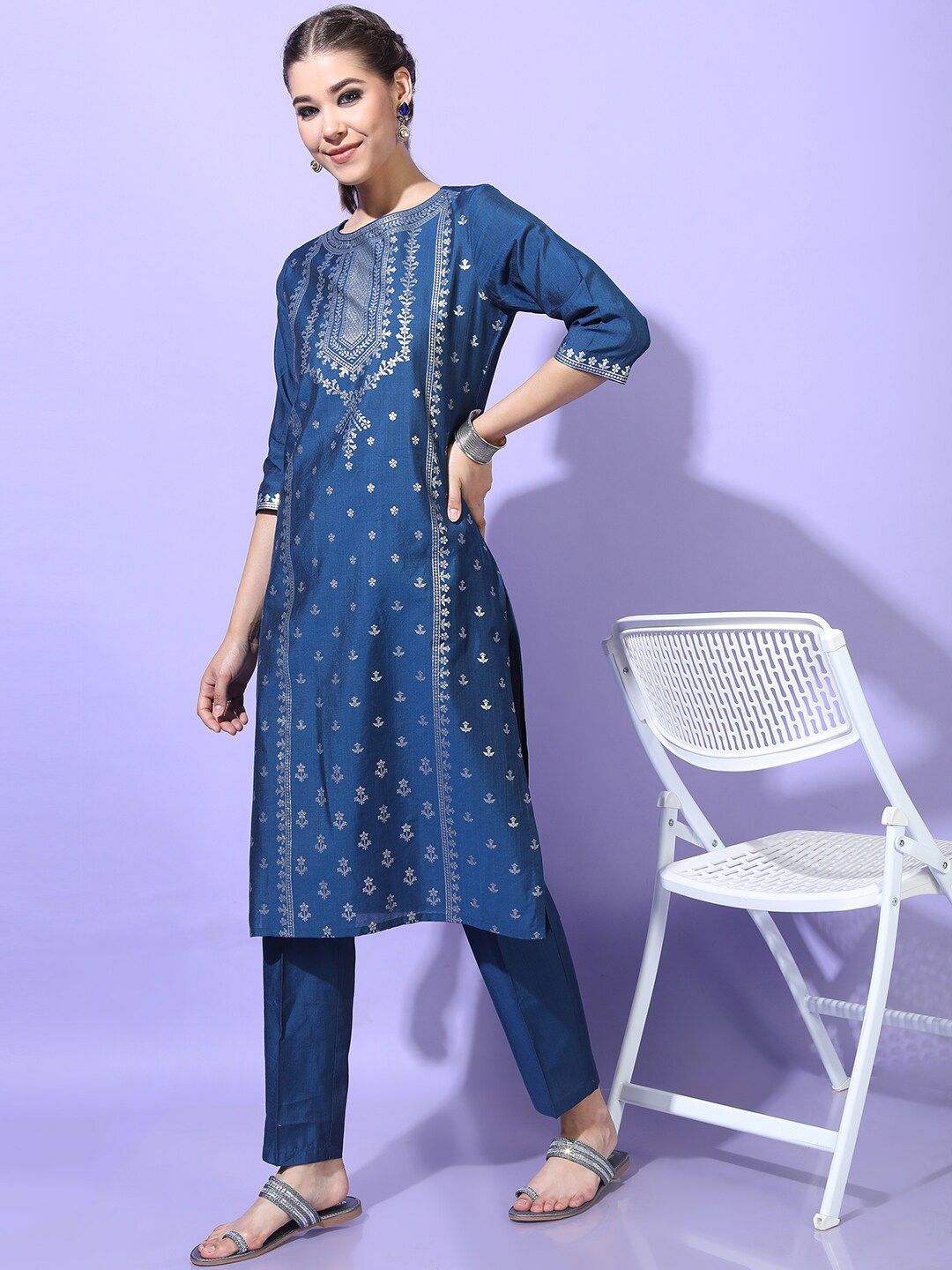 Vishudh Women Teal Blue Ethnic Motifs Printed Kurta with Trousers Price in India