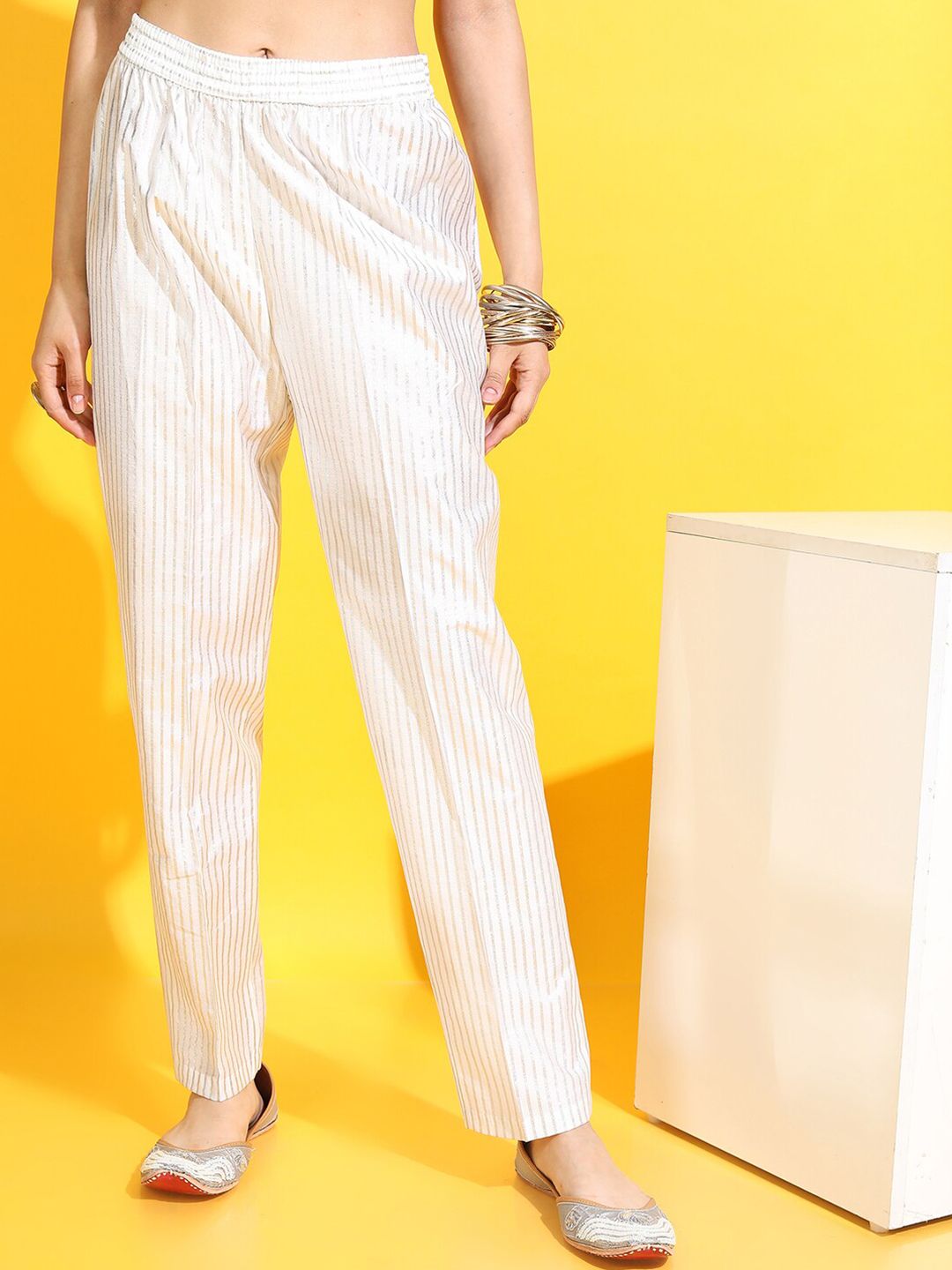 Vishudh Women Classic White Striped Trouser Price in India