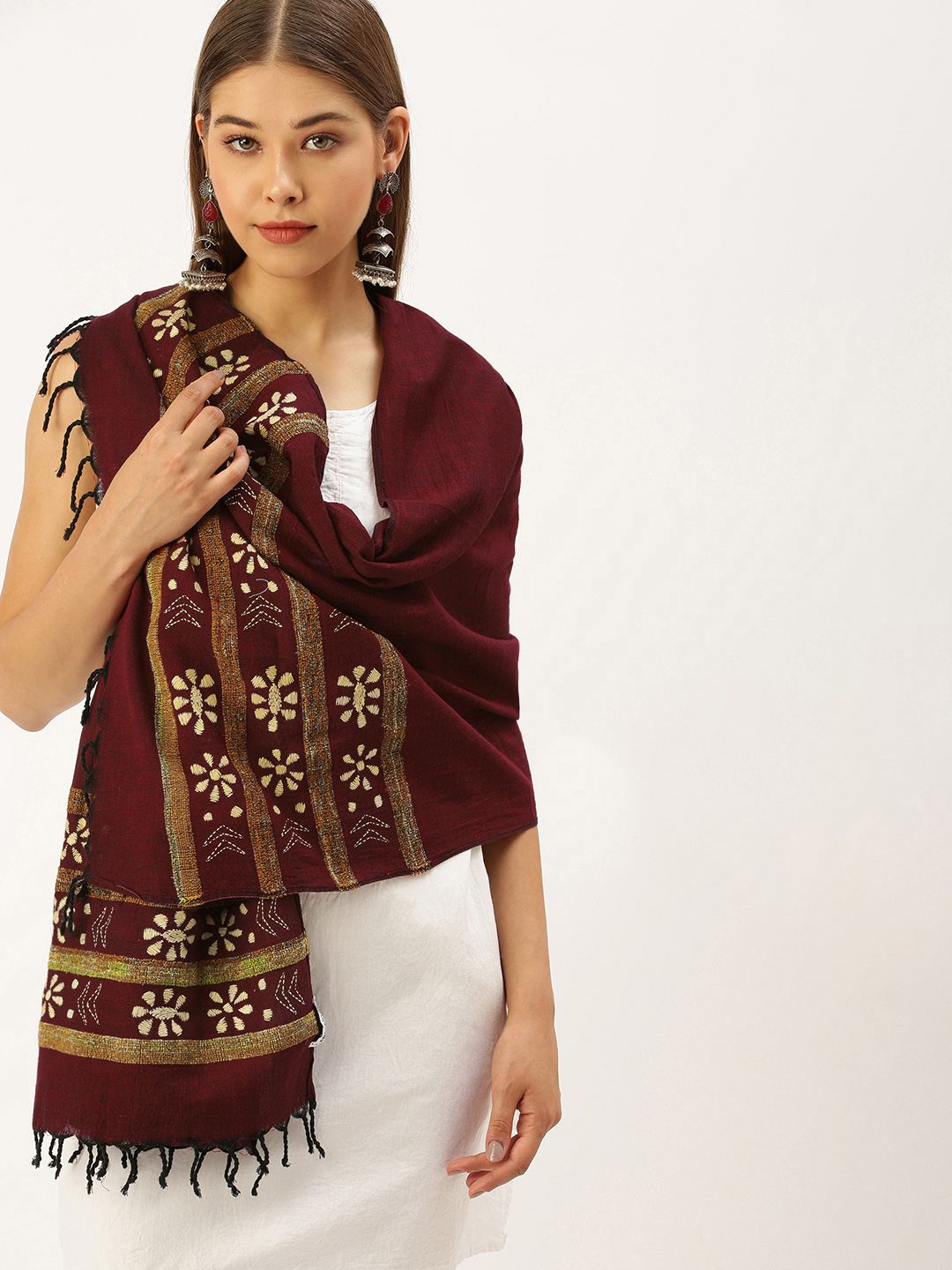 ArtEastri Women Maroon & Cream-Coloured Kantha Embroidered Stole Price in India