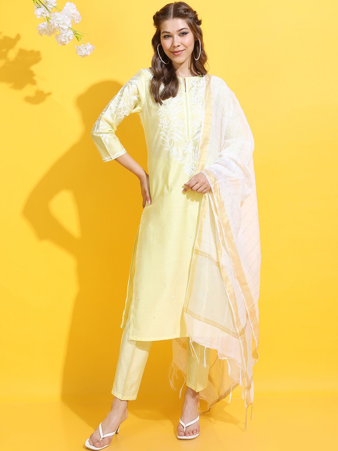 Vishudh Women Floral Viscose Rayon Kurta with Trouser and Dupatta Price in India