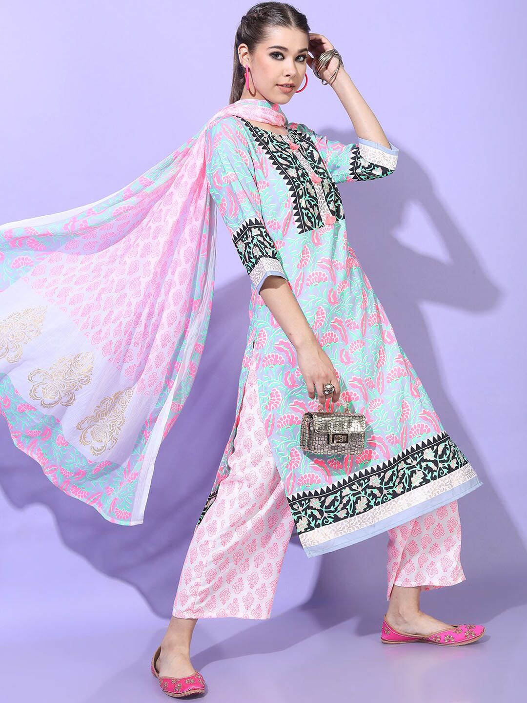 Vishudh Women Blue Floral Printed Kurta with Palazzos & With Dupatta Price in India