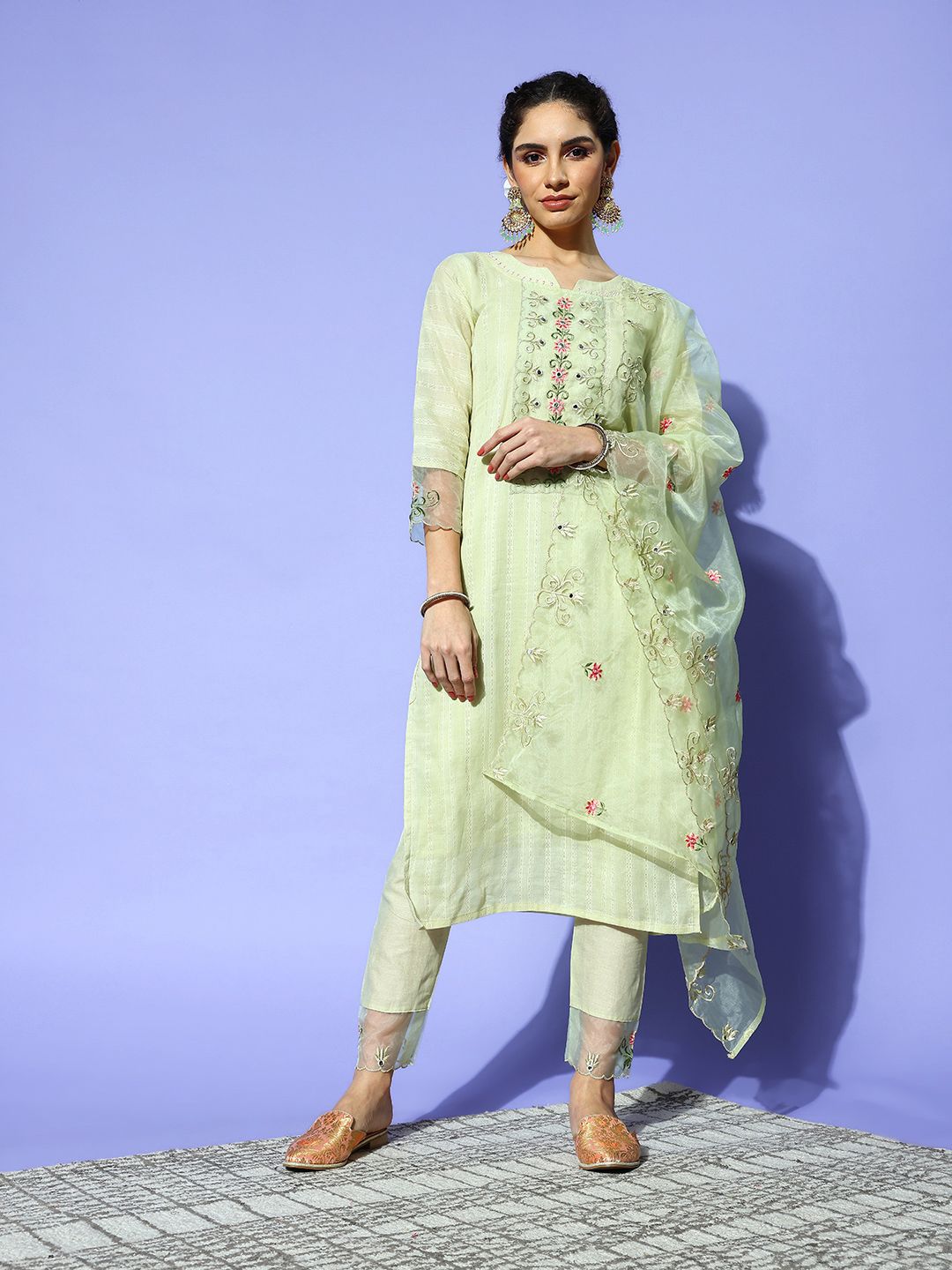 Indo Era Women Green Cotton Blend Pakistani Suit Kurta Set Price in India