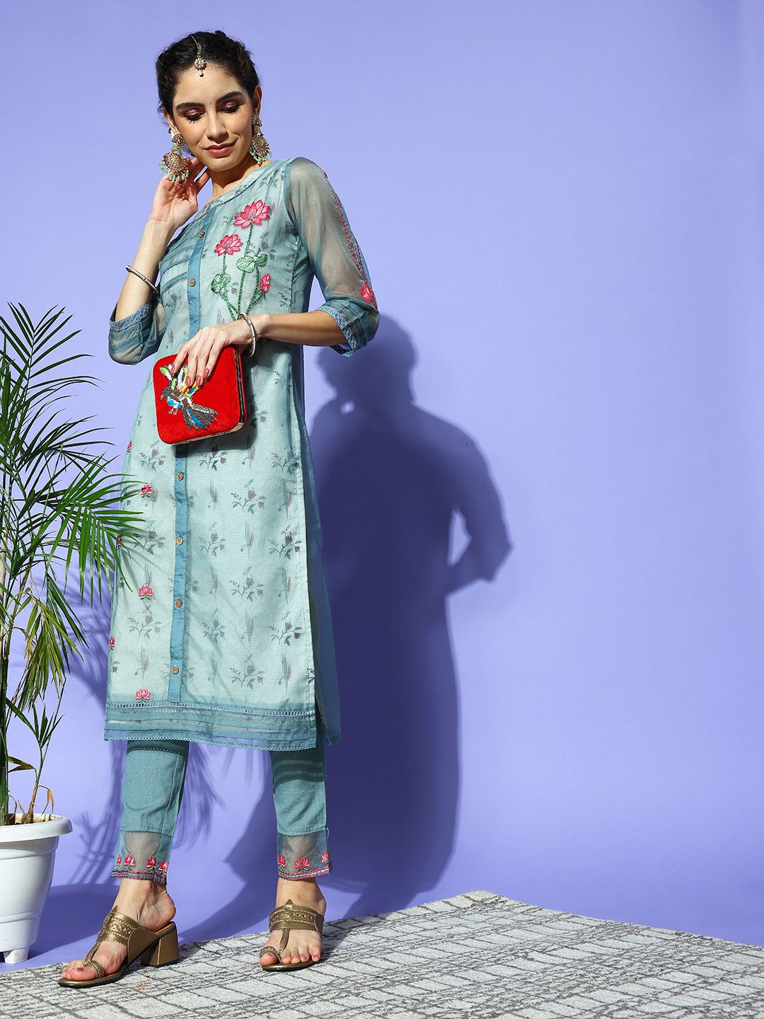 Indo Era Women Blue Silk Blend Pakistani Suit Kurta Set Price in India