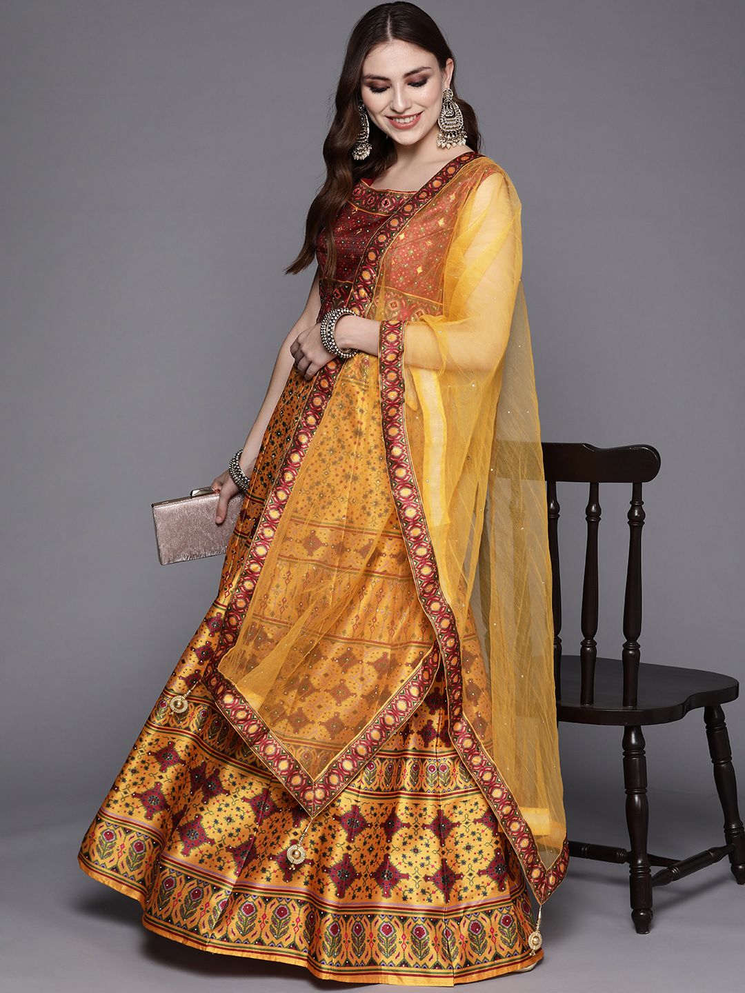 Chhabra 555 Mustard & Maroon Printed Thread Work Kalamkari Made to Measure Lehenga & Blouse With Dupatta Price in India