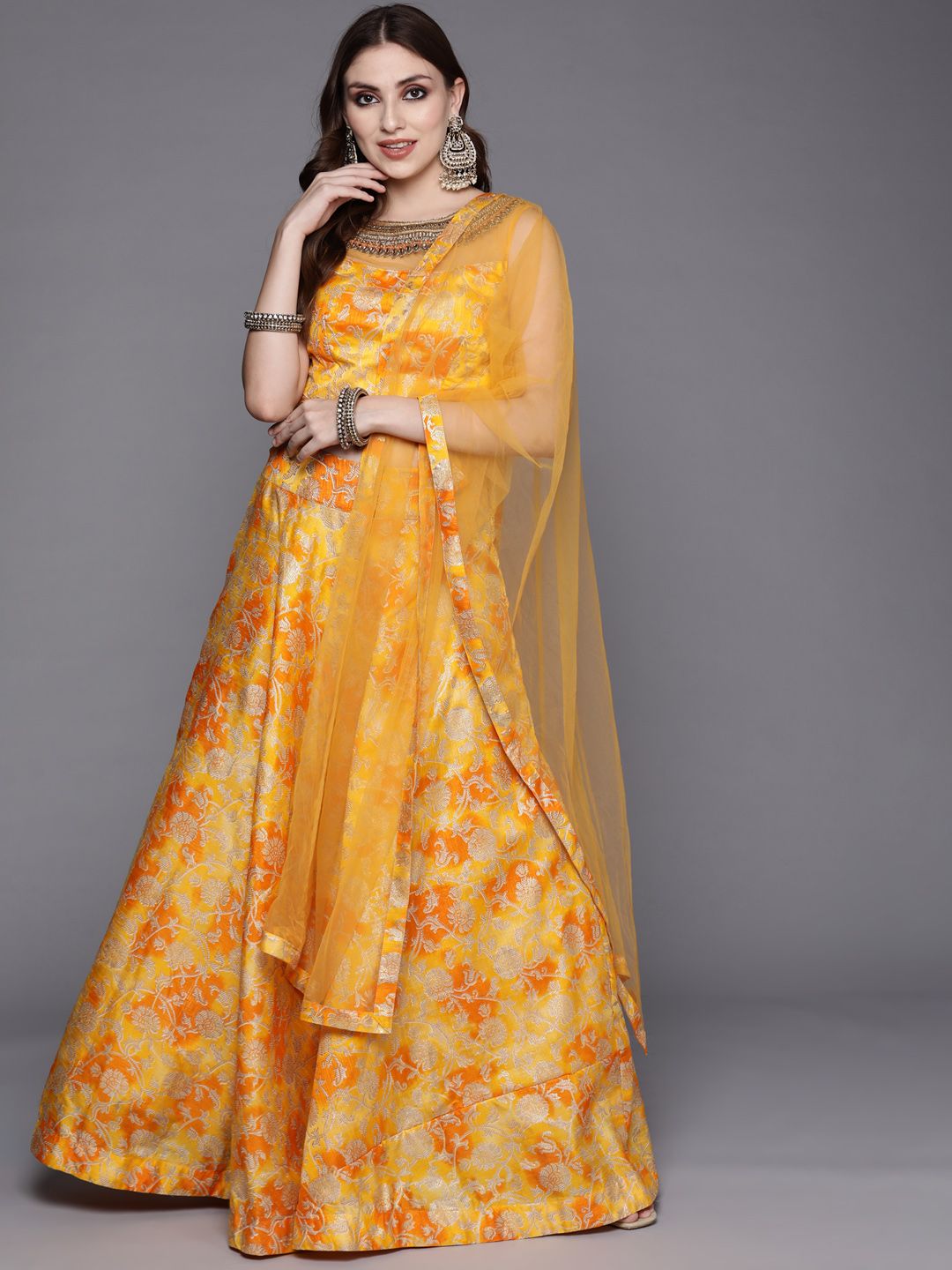 Chhabra 555 Mustard Yellow & Silver Floral Foil Print Made to Measure Lehenga & Blouse Price in India