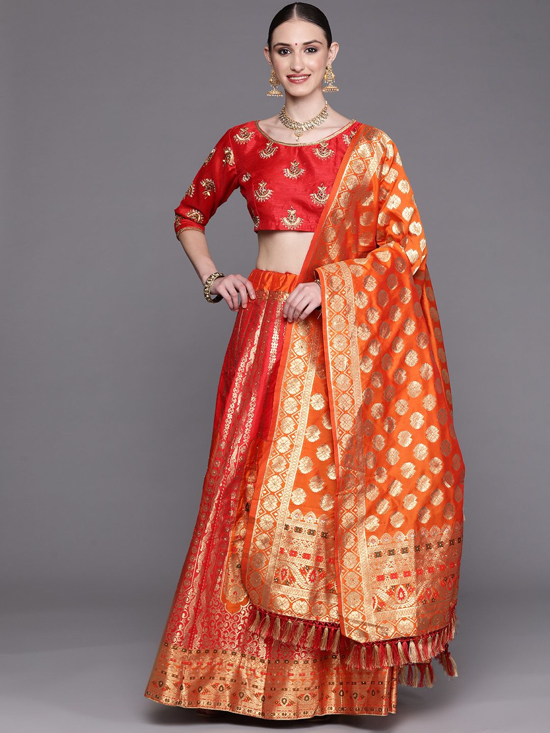 Chhabra 555 Red & Orange Beads and Stones Kalamkari Semi-Stitched Lehenga & Unstitched Blouse With Dupatta Price in India