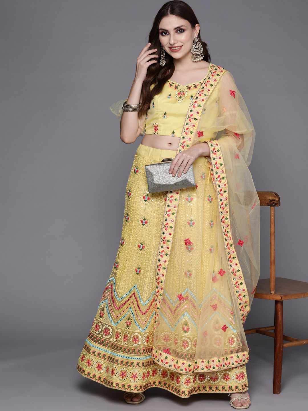 Chhabra 555 Yellow & Red Embroidered Mirror Work Semi-Stitched Lehenga & Unstitched Blouse With Dupatta Price in India